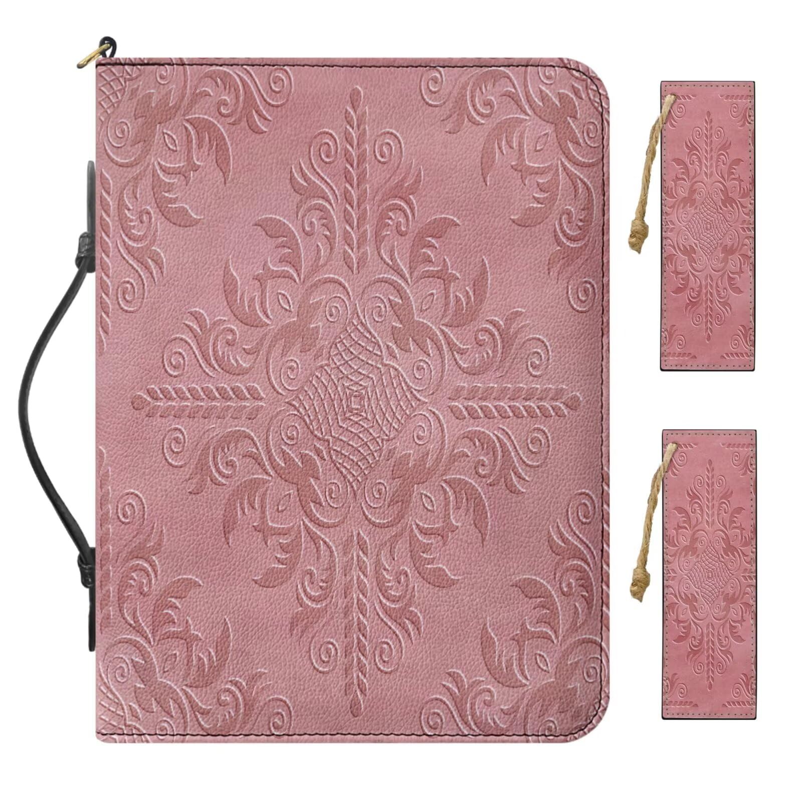 Buxolandt Large PU Leather Bible Covers for Women, Comes with 2 Leather Bookmarks Built-in Pocket Pen Slots, Pink Bible Case with Handle, False Pattern Textured Print Bible Study Accessories