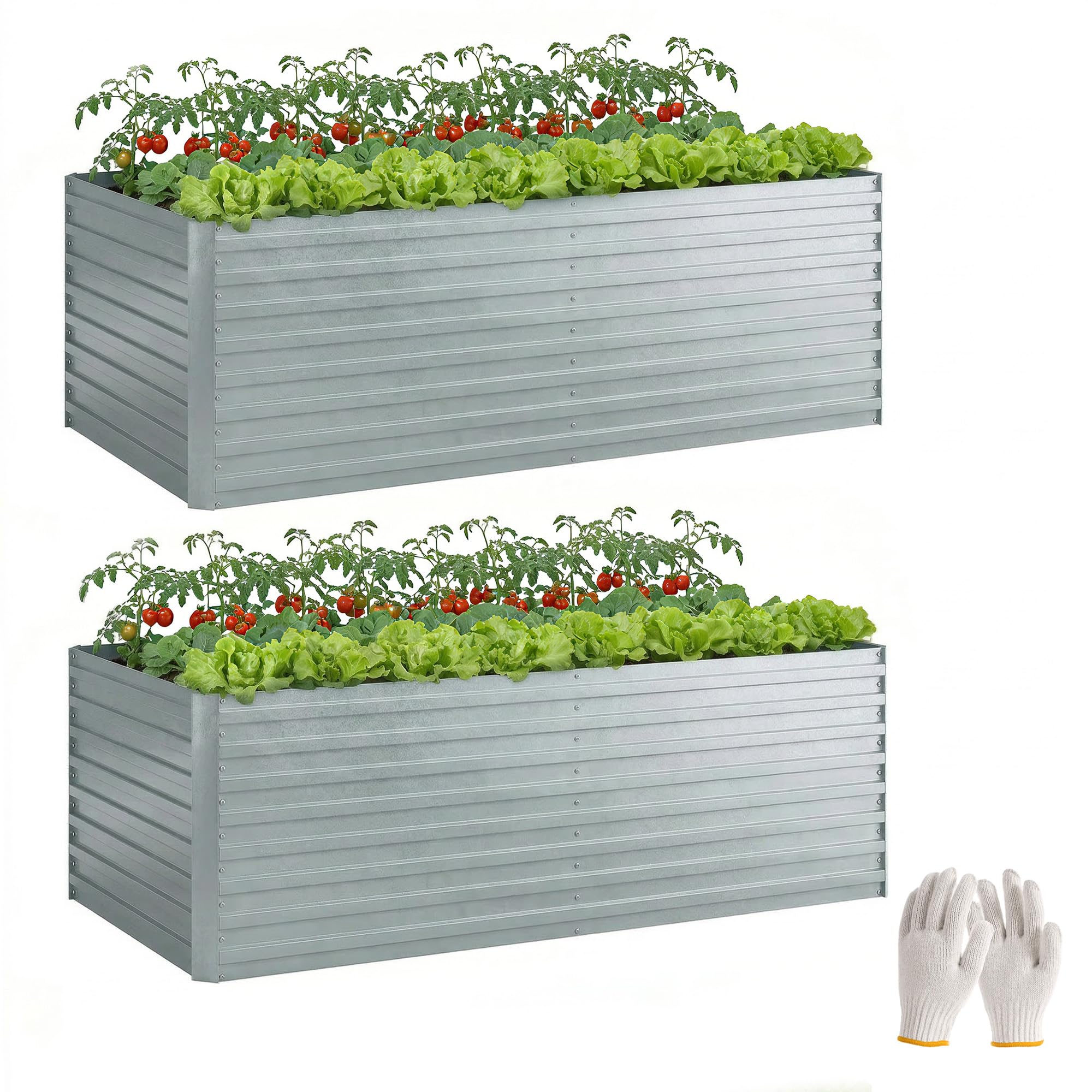 Outsunny Set 2 Orto Rialzato da Esterno in Acciaio Zincato, Cassoni Orto con Fondo Aperto, Guanti, Bordo Sicuro, Barra Rinforzo, Aiuola Rialzata per Frutte Verdure Fiori Giardino, 180x90x60cm, Argento