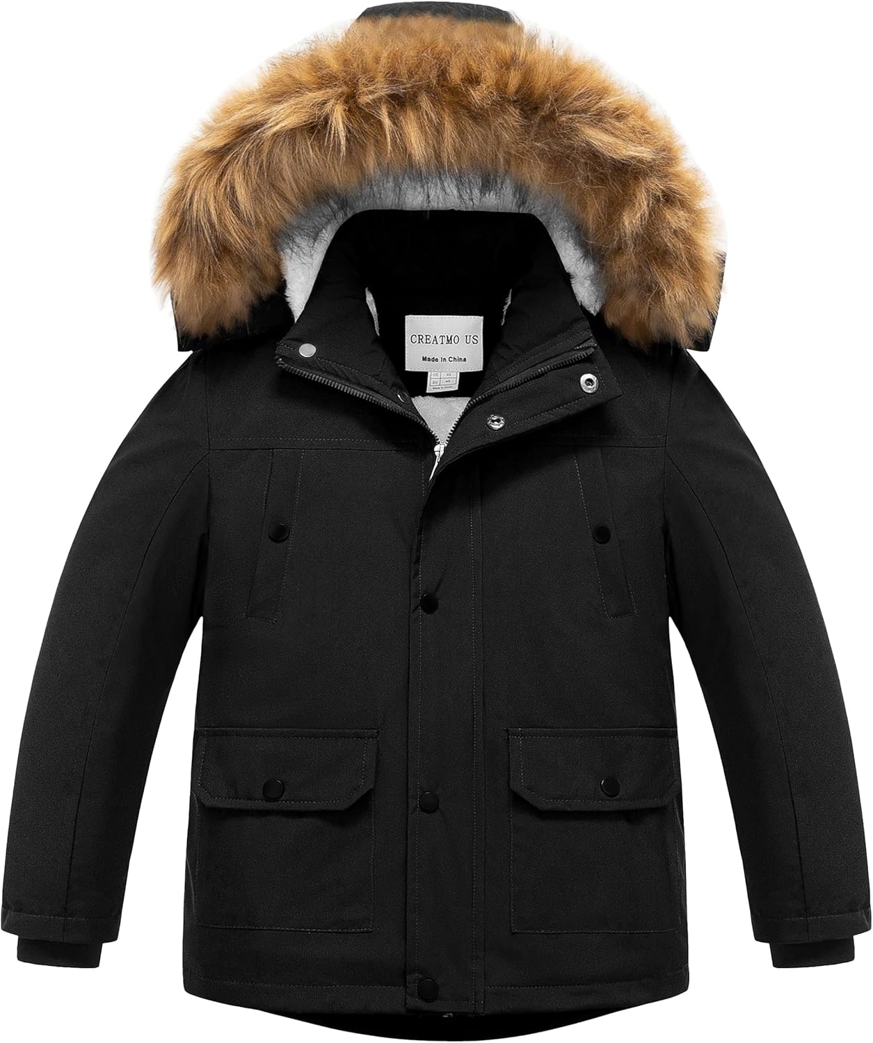 CREATMO US Boy's Long Winter Coat Warm Fleece Lined Waterproof Puffer Jacket Thicken Padded Snow Parka with Faux Fur Hood