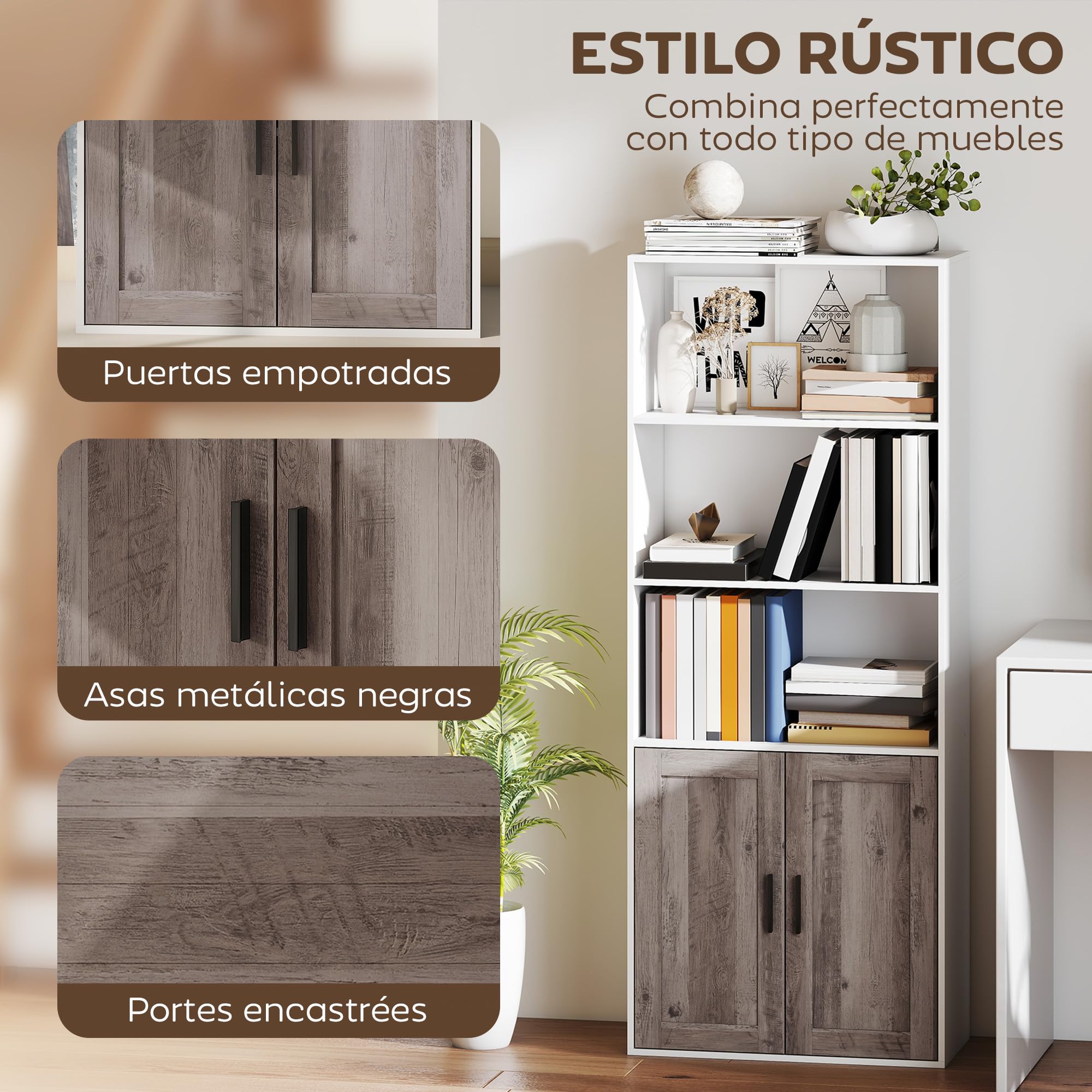 HOMCOM Estantería para Libros Estrecha 60x30x149,5 cm Blanco y Marrón | Librería con Puertas, Estantes Abiertos, Armario con Balda Ajustable, para Salón, Estudio, Oficina