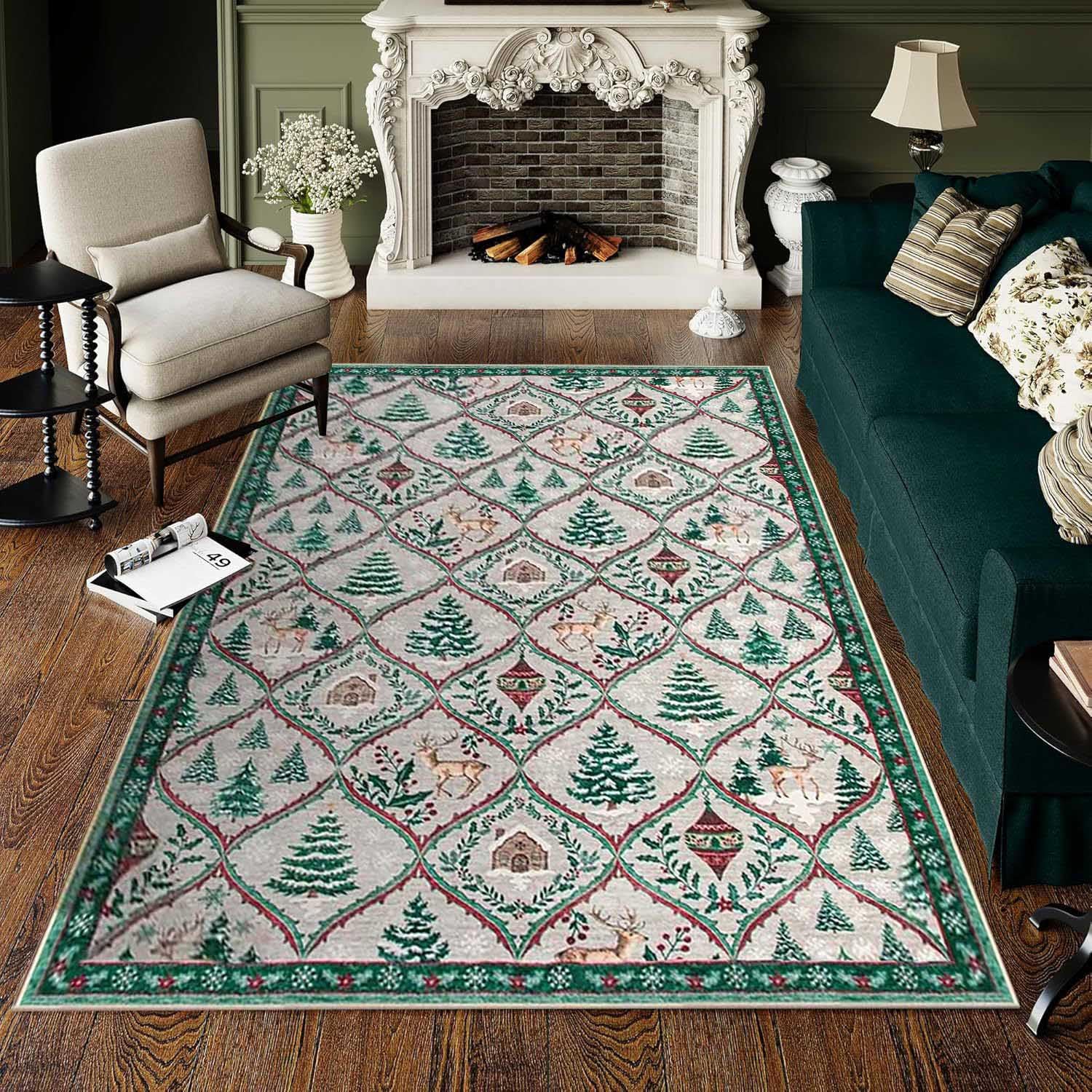 Alfombra Beige Salon Navideña,Alfombra Antideslizante Cocina de Navidad,con Diseño de Campana,Árbol de Navidad y Alce,Grande Alfombras Lavables para Dormitorio Comedor Entrada,B,80x120cm