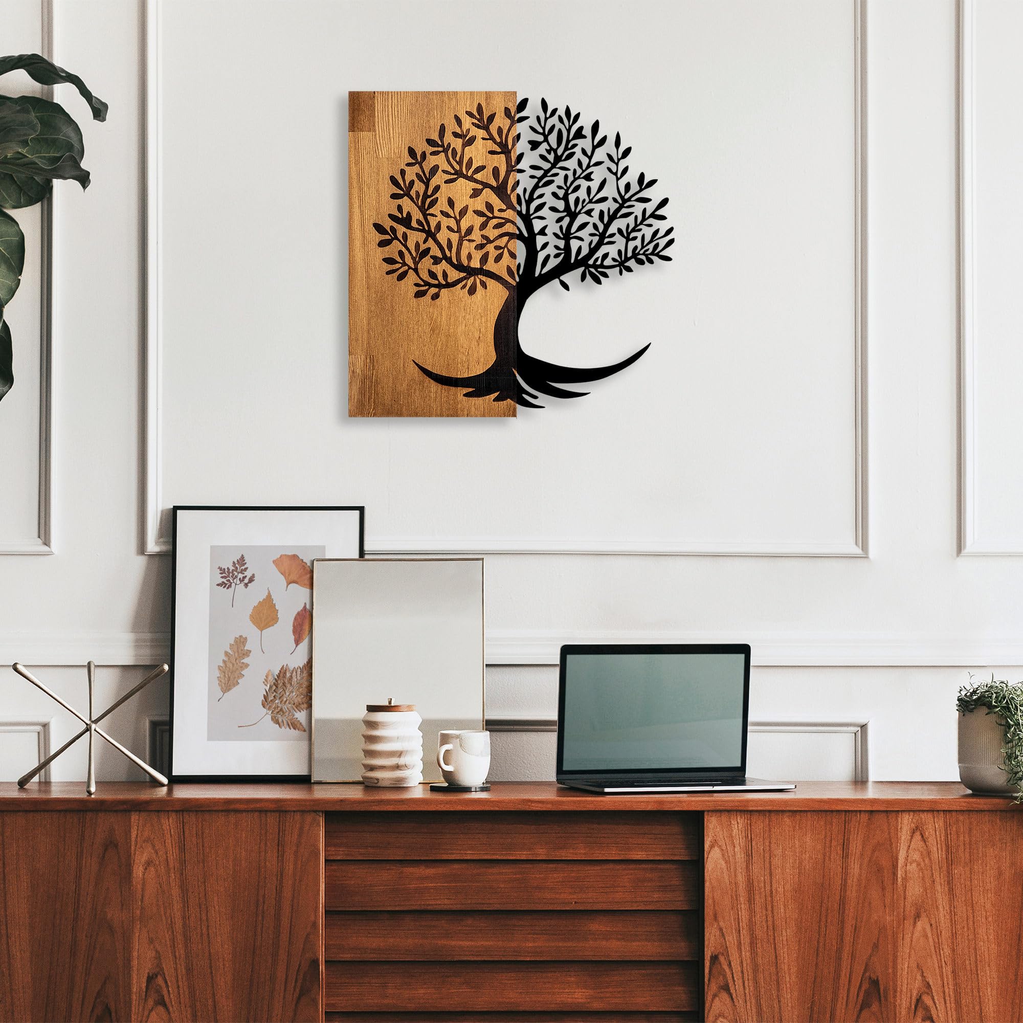 Elegant Decorative Wooden Wall Accessory, 58 x 58 cm, 100% Wood & Metal, Walnut & Black, Unique Design, Perfect for Home Decor, 3.66 kg