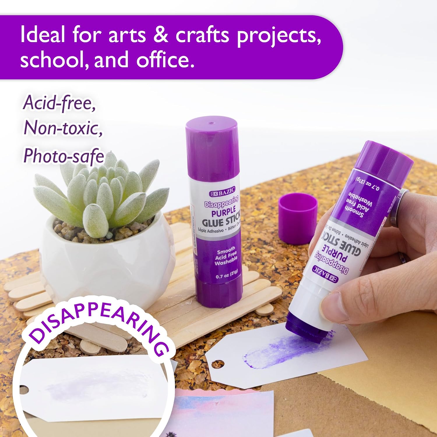 BAZIC Products Washable Disappearing Purple Glue Stick 21g/0.7 Oz., Color Acid Free Glue Sticks for Photos Paper Kids at School Office (2/Pack), 24-Pack