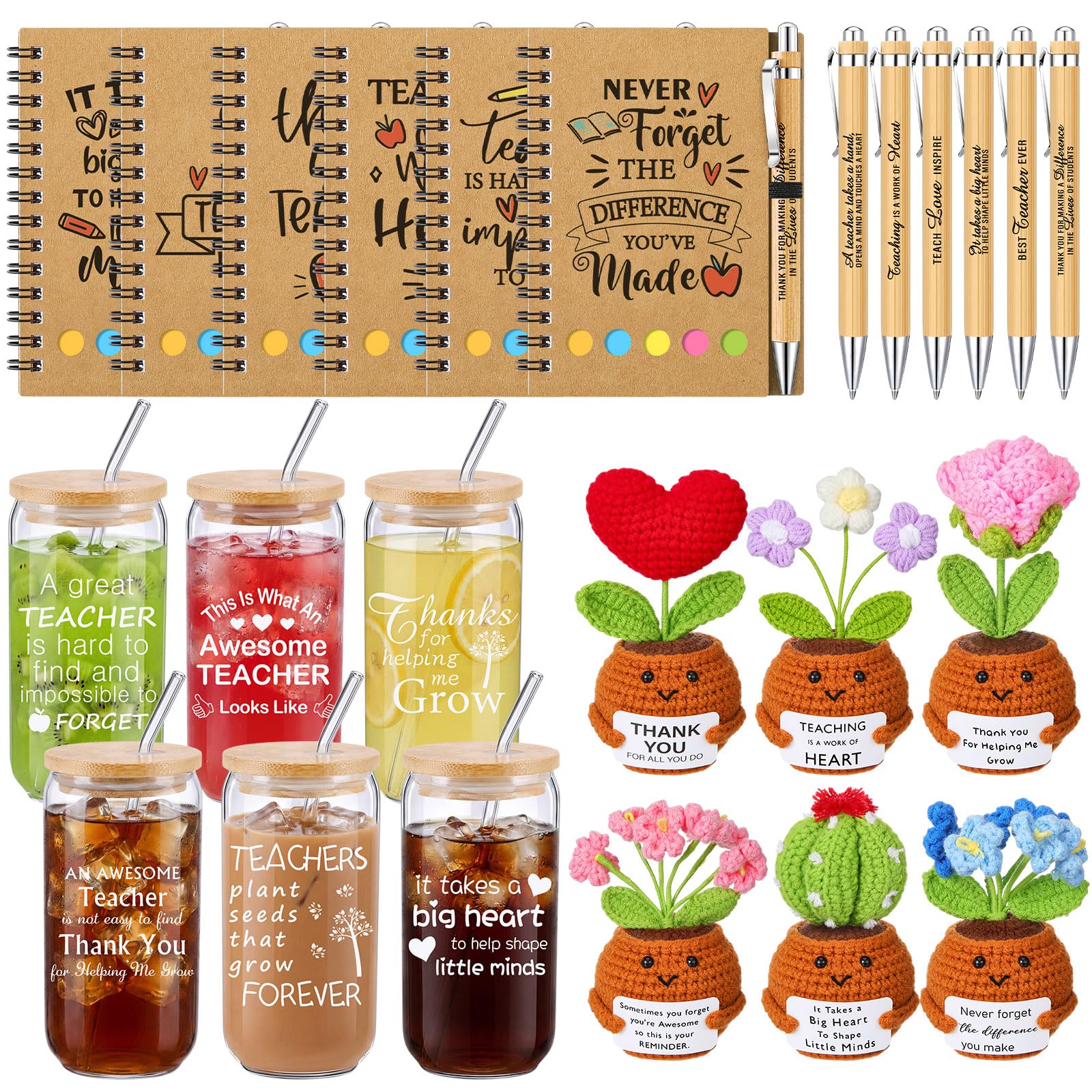 Thenshop Set regalo di apprezzamento per insegnanti, 24 pezzi, 473,6 g, 6 tazze di vetro per insegnanti di ringraziamento, 6 quaderni a spirale, 6 penne a sfera e 6 bambole all'uncinetto, regali di