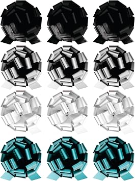 8-Inch Gift Bows, Black, Silver, White & Teal, 12 Pack
