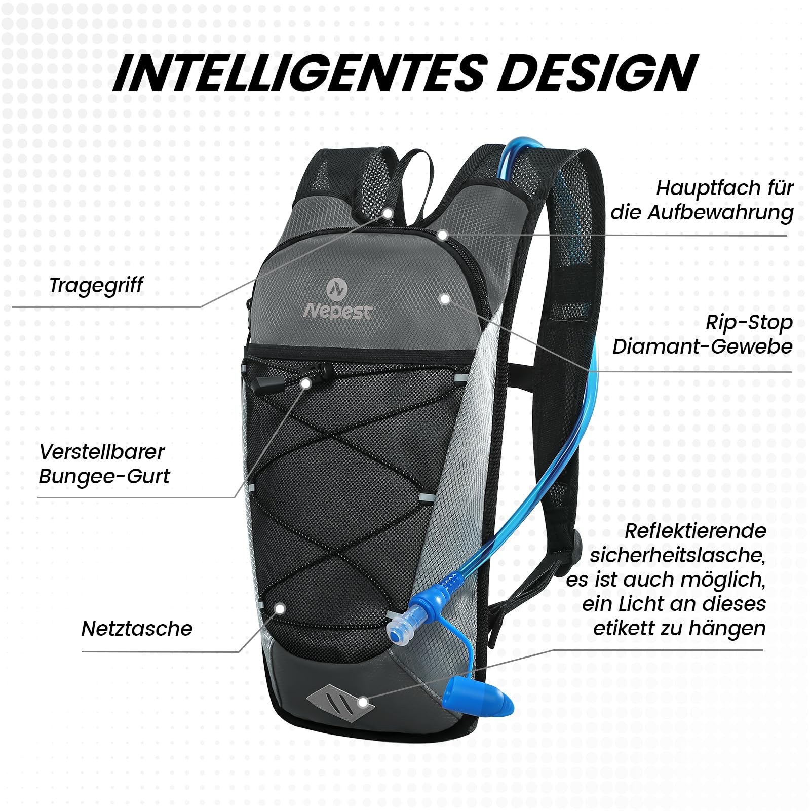 Nepest 6L Fahrradrucksack mit 2L Trinkblase – Leicht & Atmungsaktiv, Grau | Verstellbare Gurte, Aerodynamisch, Wasserdicht , 2L BPA-freie Blase, Soft-Biss, MTB, cycling, bike, biking, Laufen, Skifahren