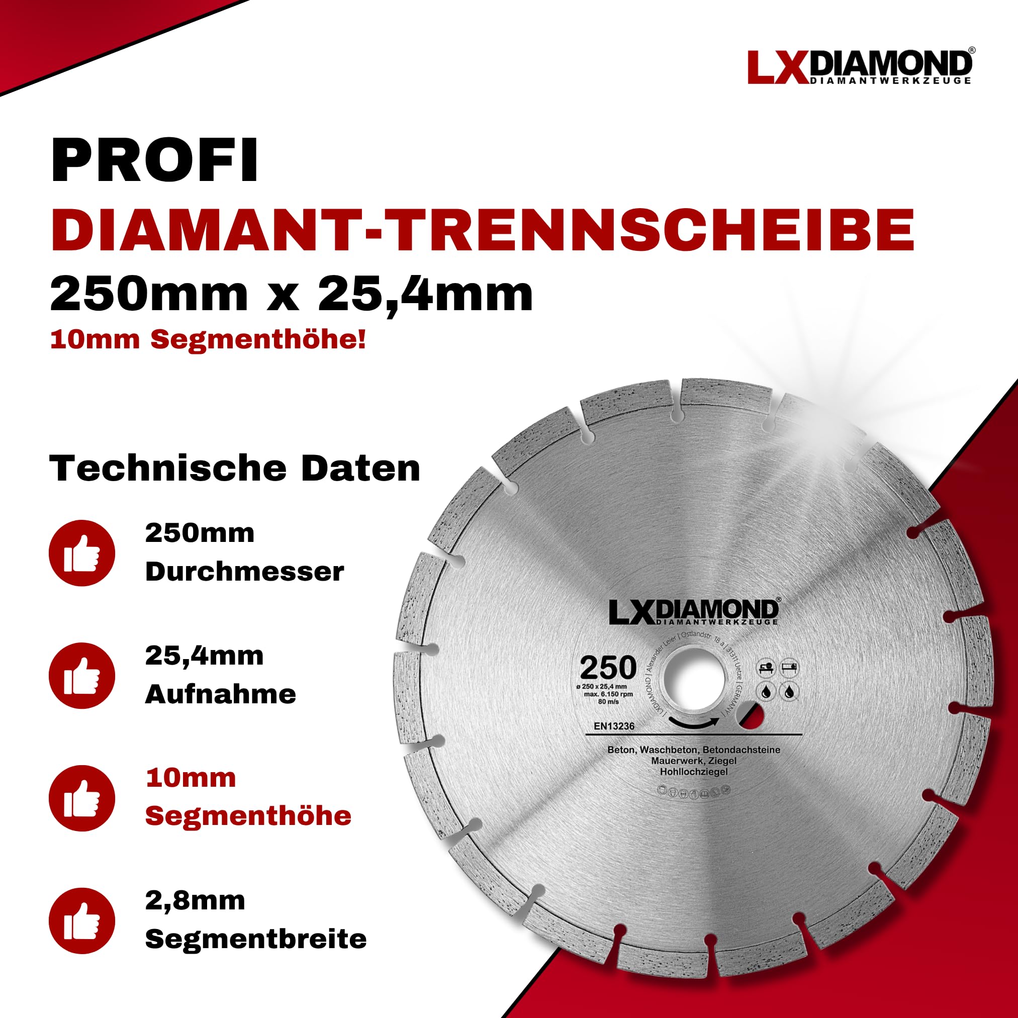 Diamant-Trennscheibe 250mm x 25,4mm - für Schneidetische, Brückensägen - Diamantscheibe zum Trennen von Stein, Beton, Ziegel, Mauerwerk - 250 mm Steinscheibe in Profi Qualität