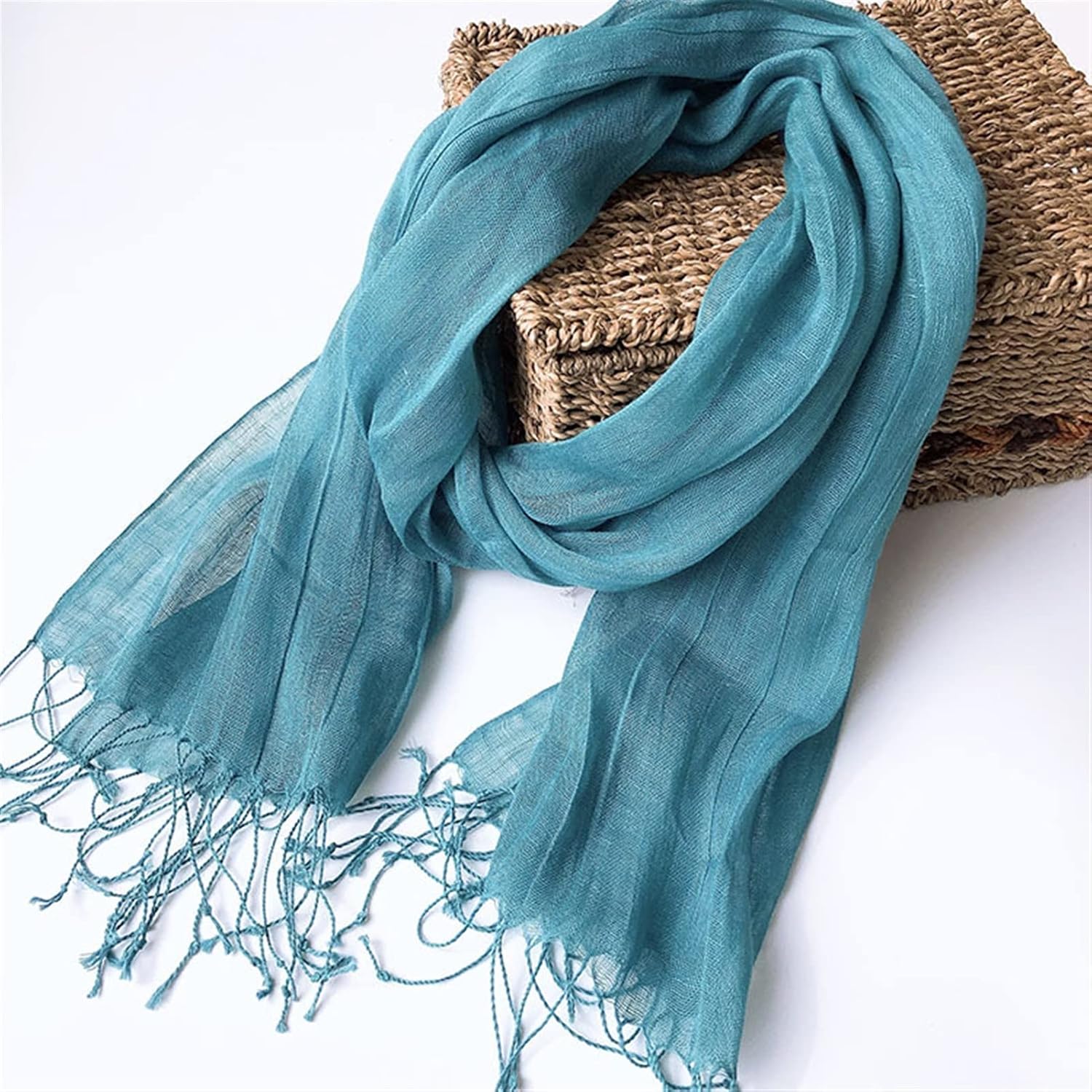 Pure Linen Scarf Shawl for Women Lightweight Thin Tassels Scarves Wraps Fashion Long Head Scarf Spring Summer (Color : Lake Blue, Size : 55x180cm)