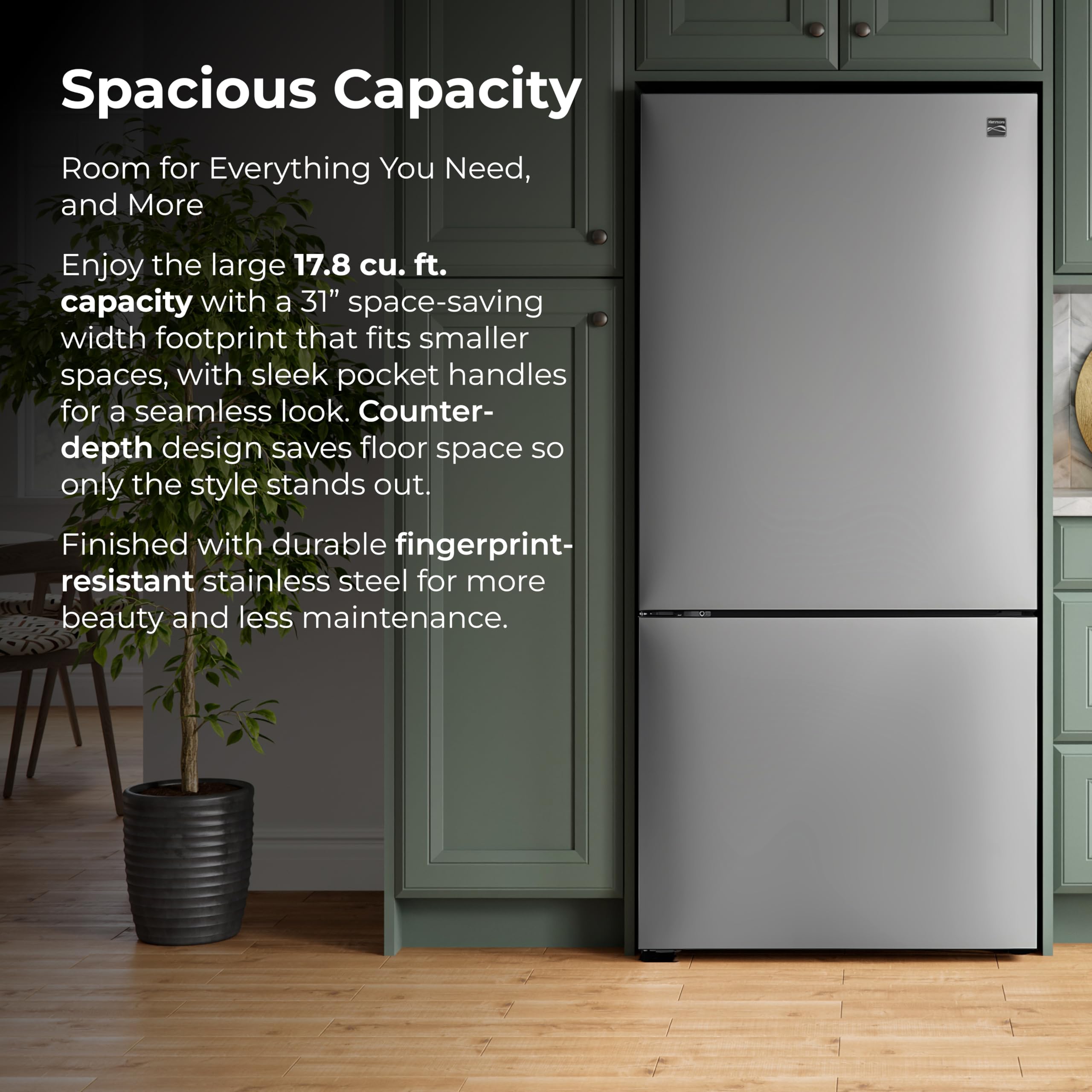 Kenmore 31" Bottom Freezer Refrigerator, Counter Depth - Ice Maker, Adjustable Shelving, Crisper Drawers, ENERGY STAR Certified, 17.8 cu. ft. Capacity, Fingerprint Resistant Stainless Steel on Fridge.com