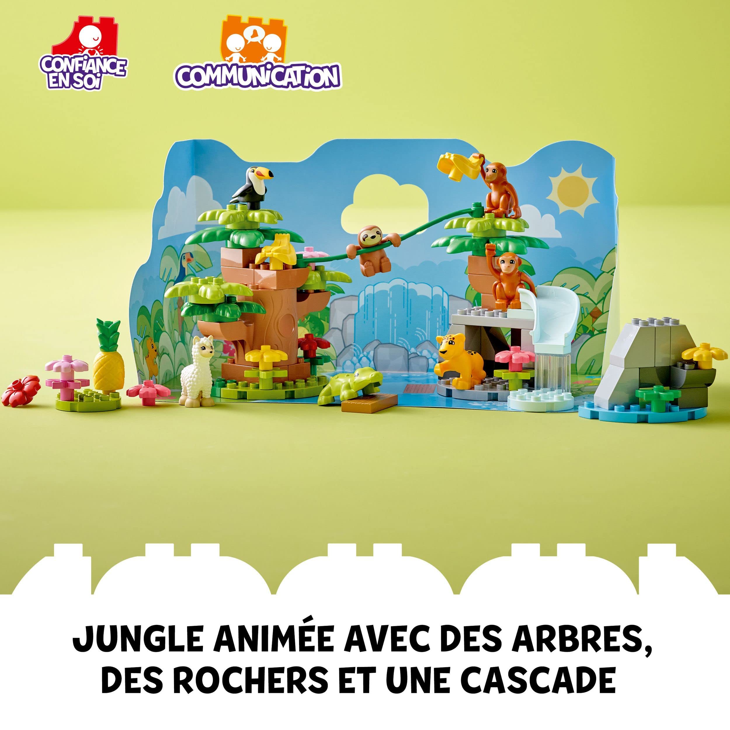 LEGO 10973 Duplo Animaux Sauvages d’Amérique du Sud: Jouet d'Exploration Naturelle pour Enfants Dès 2 Ans, avec Figurines de Crocodile, Singes, Paresseux, Jaguar, Tapis de Jeu Éducatif