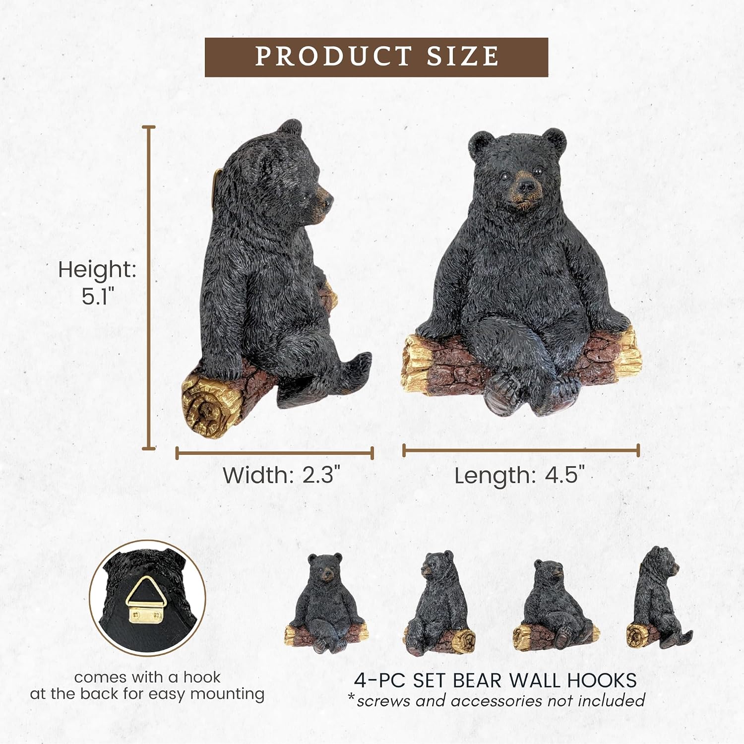 Black Bear Wall Hooks Set of 4 – Rustic Resin Cabin Wall Decor for Coats, Towels, Keys, and Hats, Woodland Lodge Style Home Decoration, Functional and Decorative Gift for Nature and Wildlife Lovers