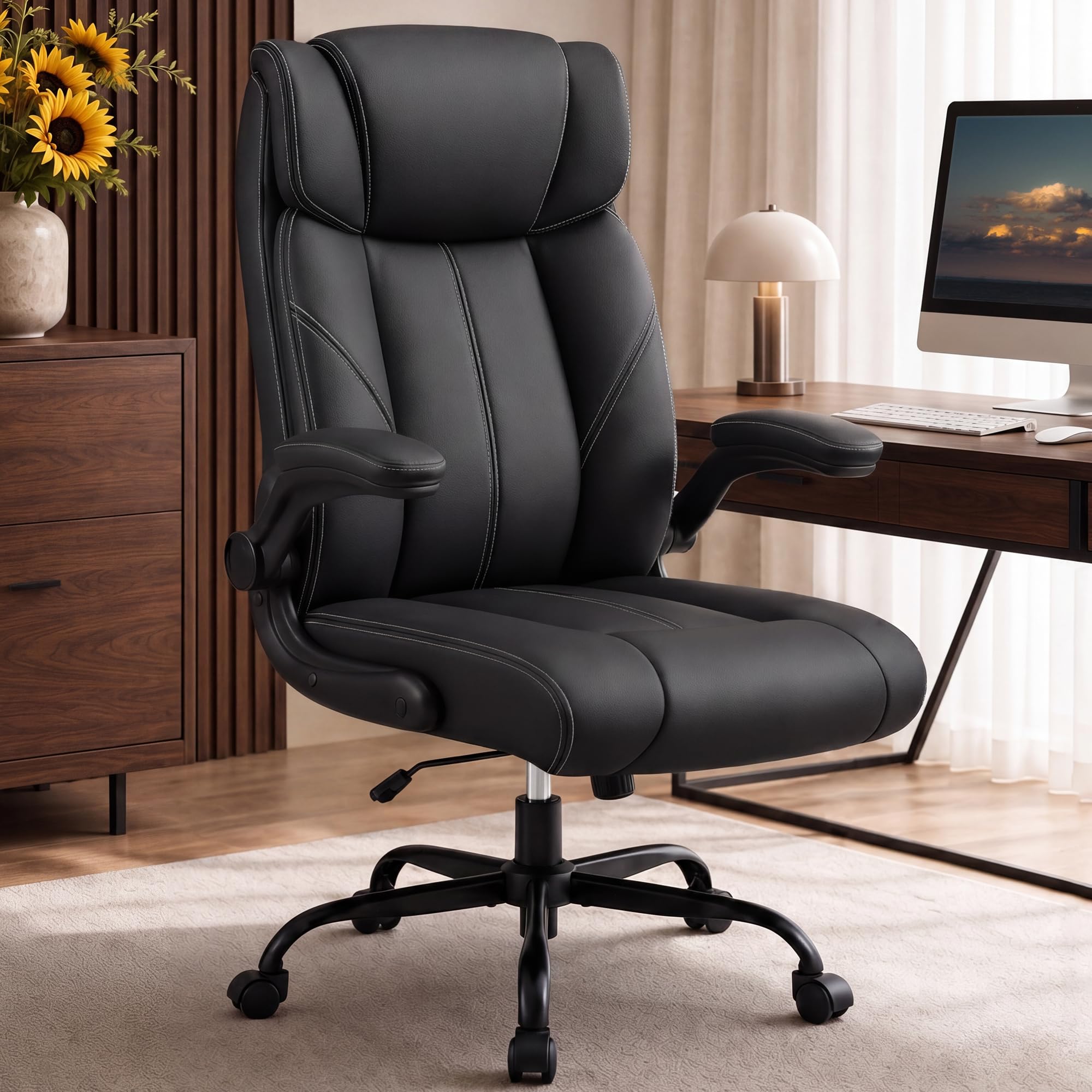 OwgeinSet Office Chair, Leather Ergonomic Computer Desk Chair with Rocking | PU Leather High Back Executive Home Office Chair, Comfy Chair with Lumbar Support& Flip-up Armrest, 360° Swivel, 330LBS,Bla