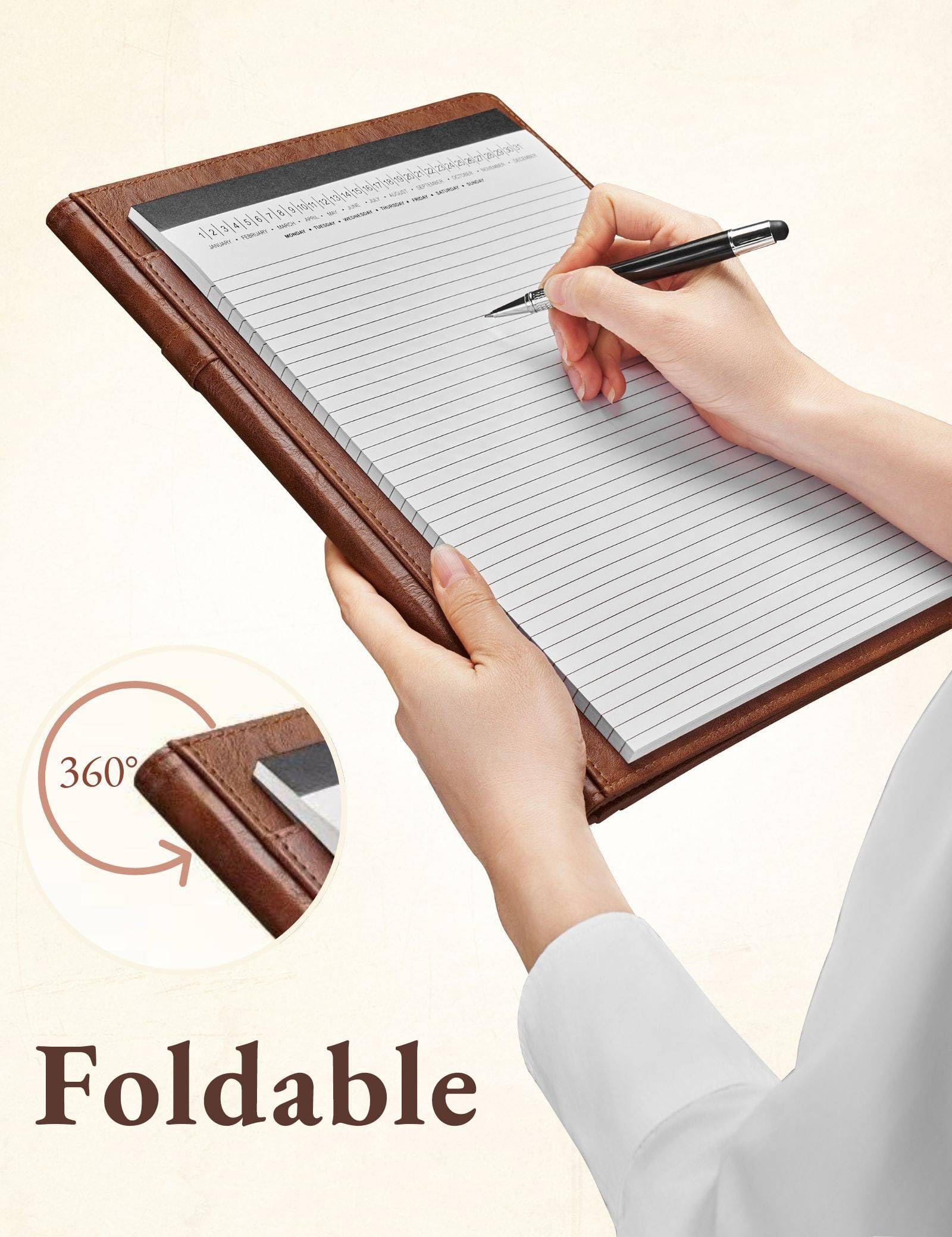 Mymazn Padfolio Portfolio Folder, Faux Leather Interview Resume Folder with Document Organizer & Business Card Holder, Letter-Sized Notepad Legal Pad Holder for Men Women (Brown)