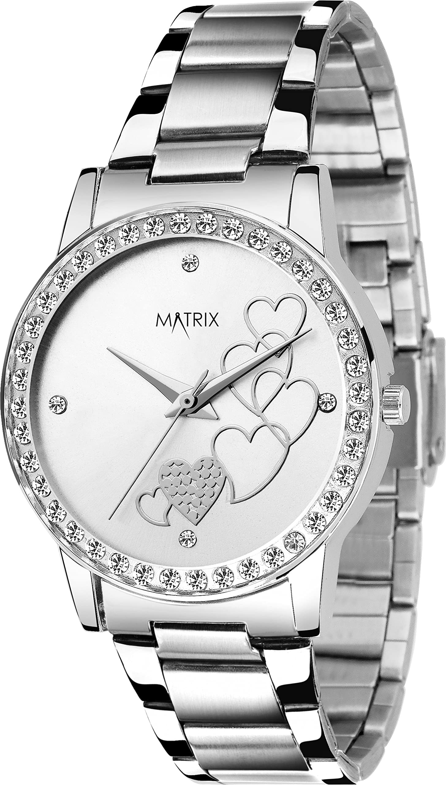 Matrix Women Stainless Steel Divine Stone Studded Black, Silver Band & Pink Analog Watch For & Girls (Sterling Silver Band), Band Color-Silver,Dial Color-Black (B0BNV6D22C) Amazon Price History, Amazon Price Tracker