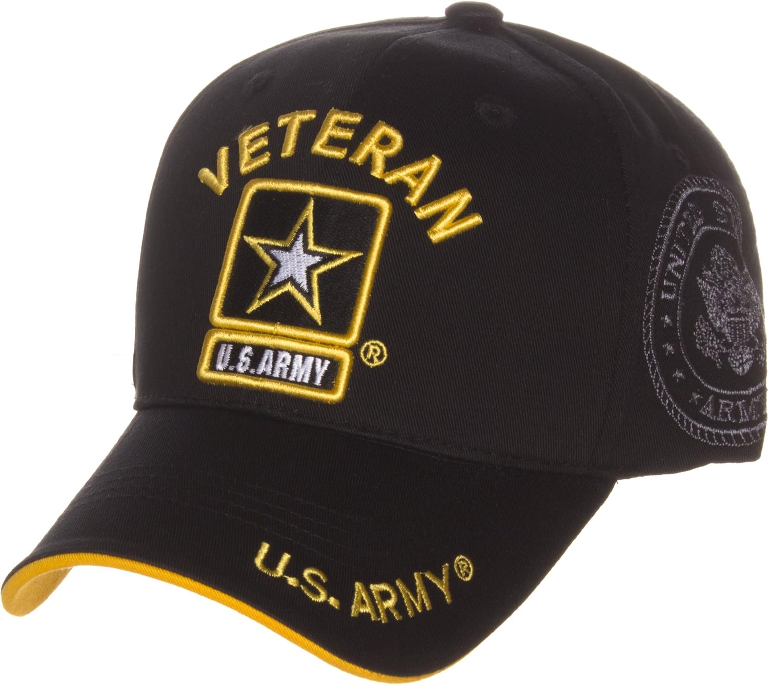 US Army Official License Structured Front Side Back and Visor Embroidered Hat Cap - Veteran Black