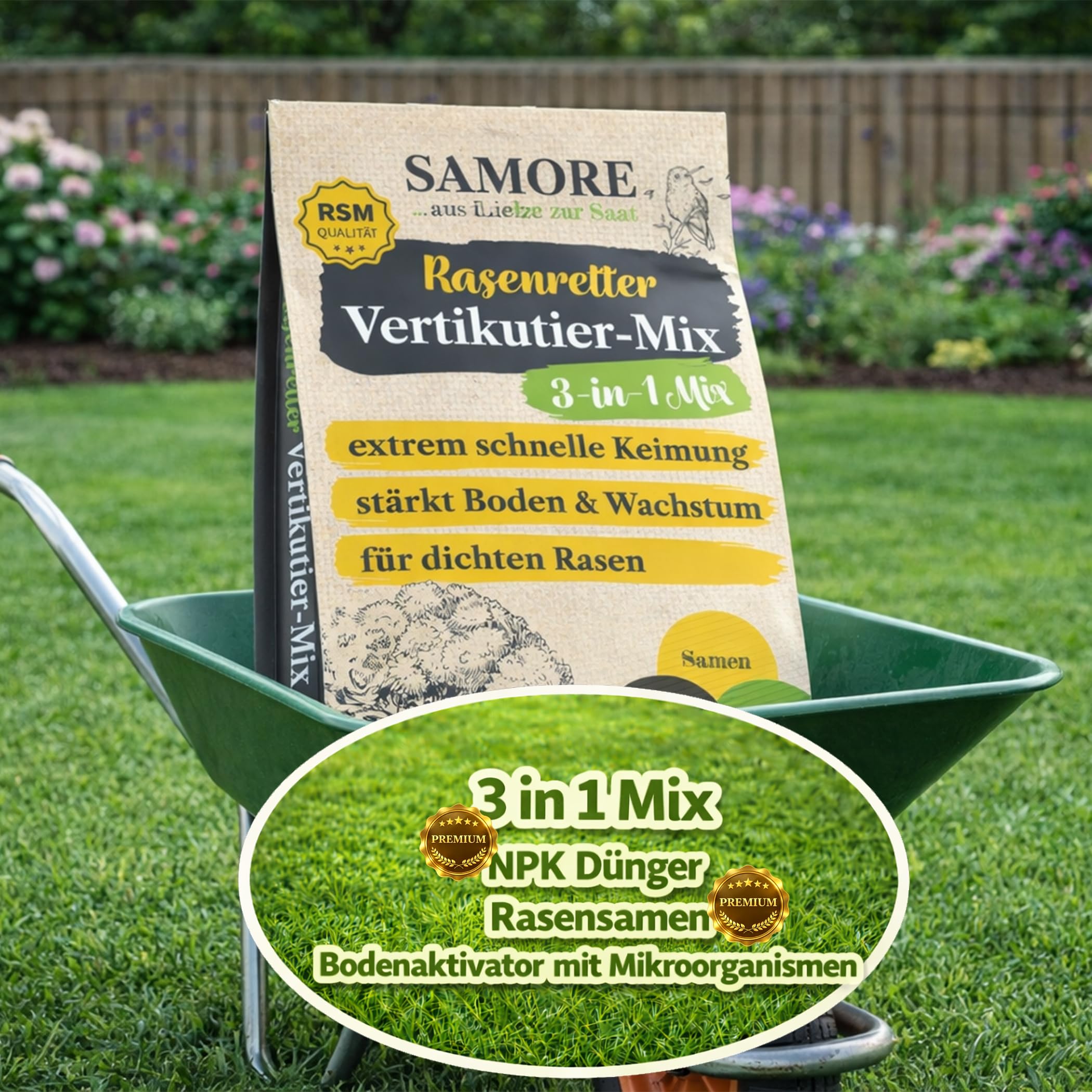 samore - "Rasenretter" Vertikutiermix I Rasendünger, Rasensamen & Bodenaktivator I 3in1 Rasenreparaturmischung I Rasendünger Frühjahr mit Grassamen gegen kahle Stellen I Nachsaat (4 Kg für 140 m²)