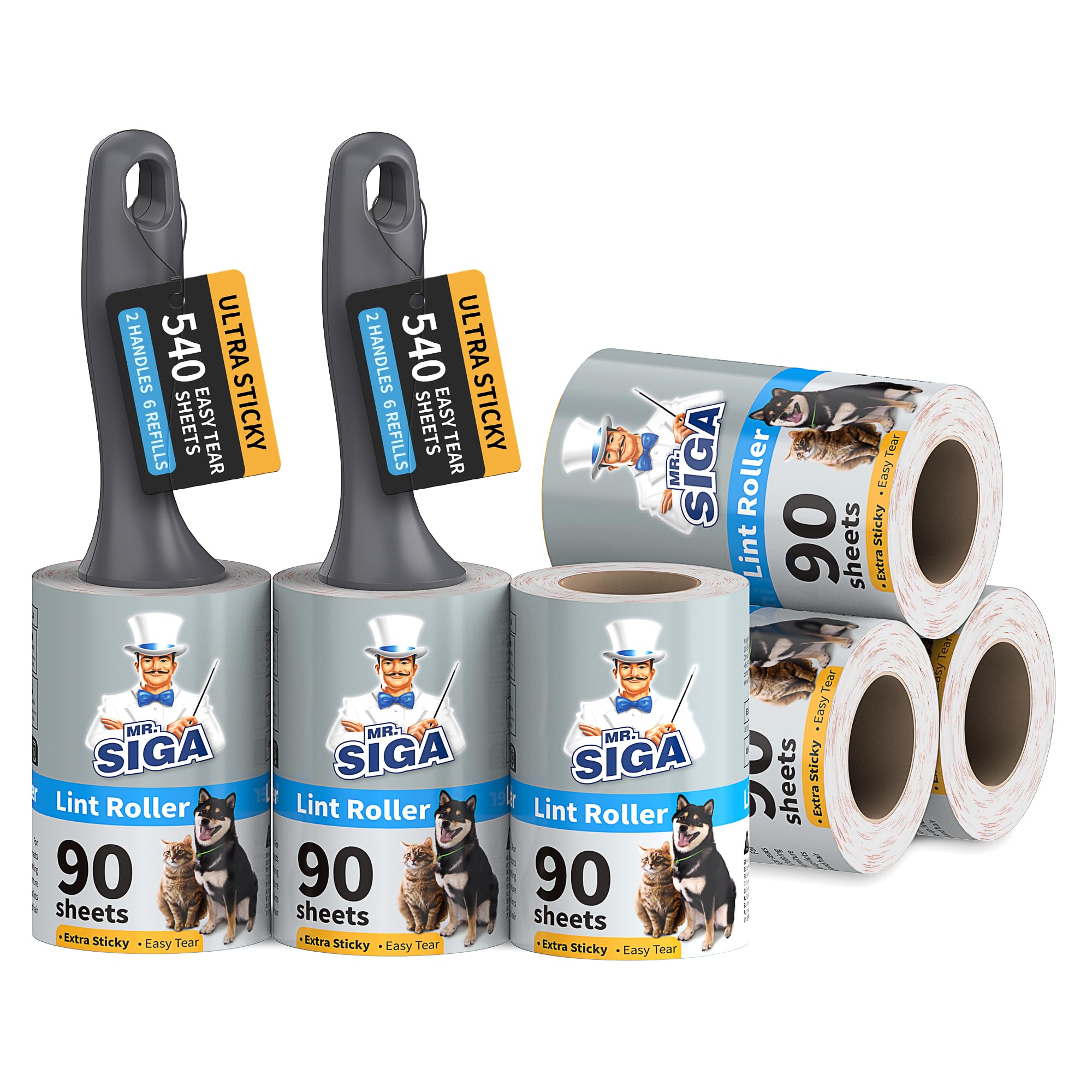 MR.SIGA Lint Rollers for Pet Hair Extra Sticky, 540 Sheets, Lint Remover for Clothing, Furniture, Pet Hair Remover with Easy Tear Sheets