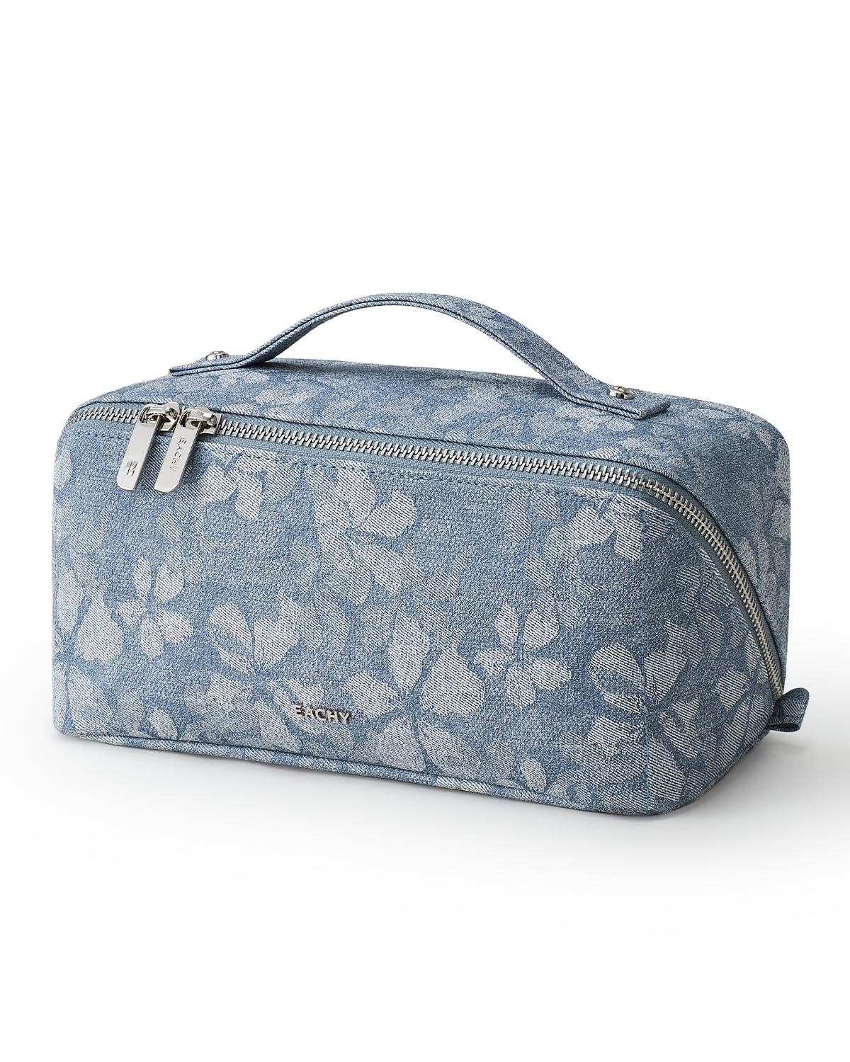 EACHY Makeup Bag, Waterproof PU Leather Travel Toiletry Bag for Women, 180° Wide-Open Flat Cosmetic Bag, Large Capacity Makeup Pouch with Divider and Handle