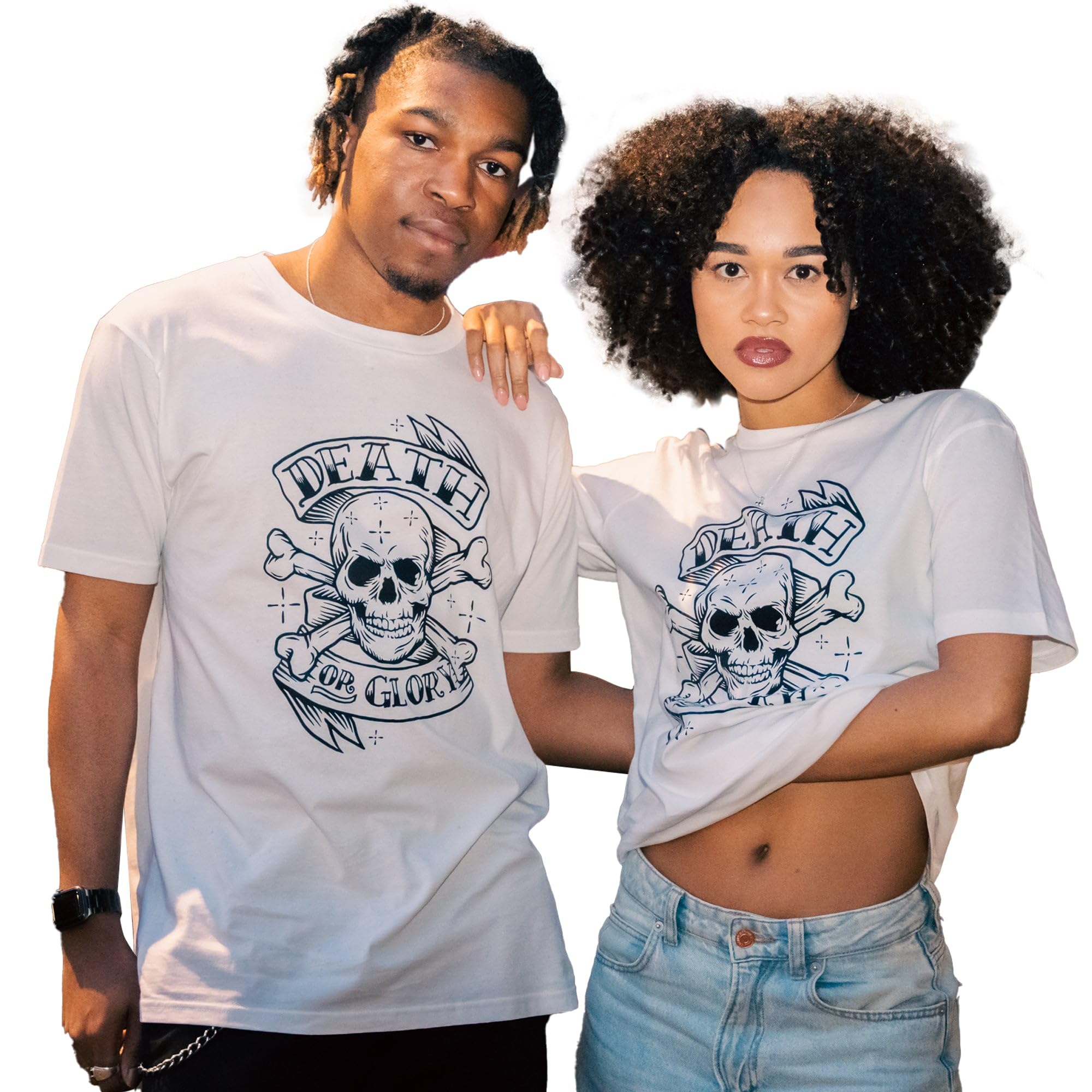 DB DEADBEAT Death or Glory Skull Motif Screen Printed Eco-Friendly Unisex White T-Shirt for Men, Women and Teens L/White/Cotton