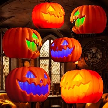 Halloween Decorations Floating Pumpkin Lights, Led Flameless Hanging Pumpkin Head Lantern with Timer, 3 Color Light, 2 Lighting Modes, Remote, Lamp Decor for Home, Indoor, Outdoor, Yard 6 Pack