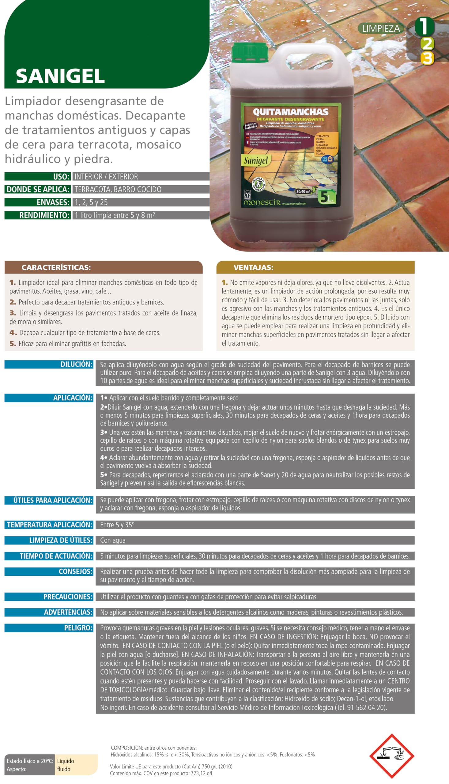 MONESTIR Sanigel Limpiador Suelos, Quitamanchas, Decapante, Desengrasante 5 Litros