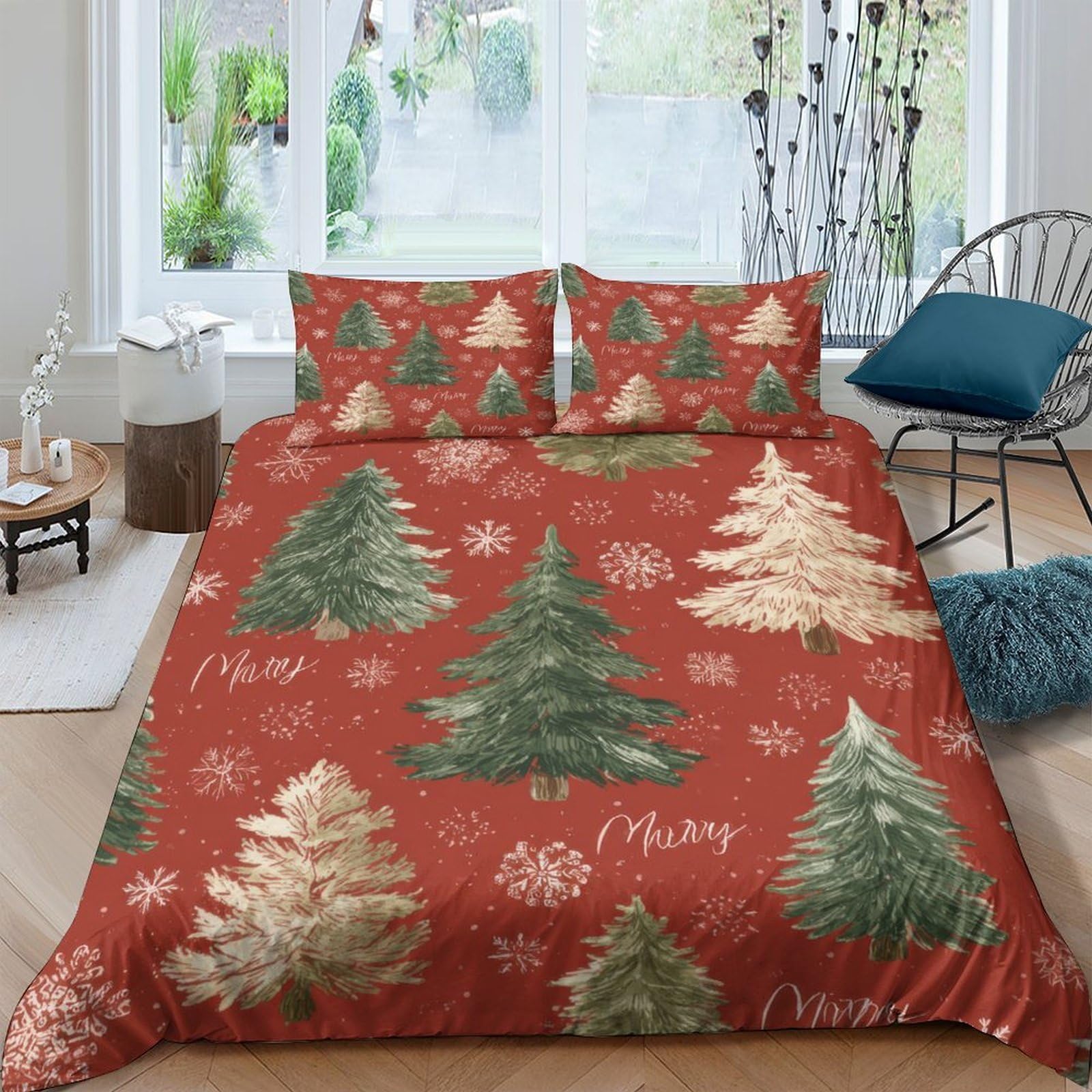 Ctjqhvkz Style-8 3D Printed Christmas Pine Tree Fitted Sheet Microfiber Red Green Snowflake Bed Cover For Bedroom Guest Mattress Decor Single（135X200cm）