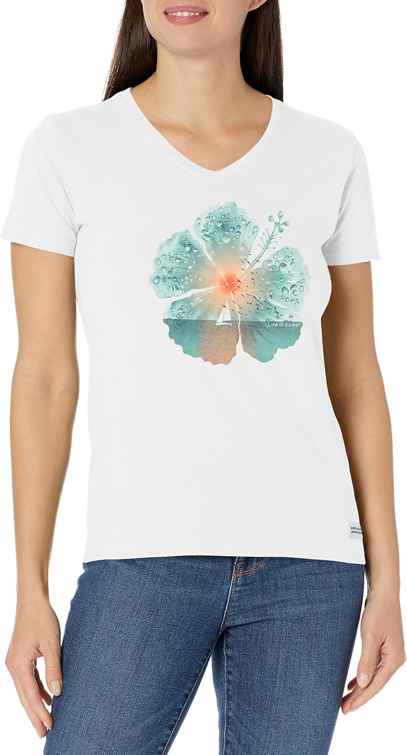 Life is Good Women's Hibiscus Sail Flower Cotton Tee, Short Sleeve Graphic V-Neck T-Shirt