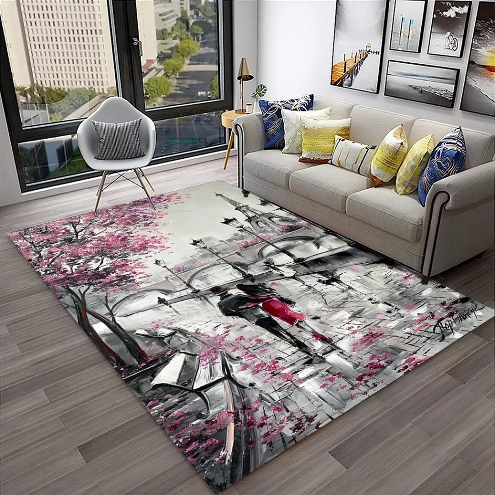 Tapis de sol Tour Eiffel pour salon moderne - Grand tapis antidérapant déco chambre et canapé