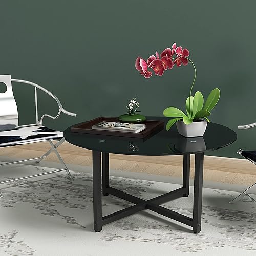 Miniatura 5 de Mesa auxiliar redonda de vidrio de 355 pulgadas mesa de centro negra con mesa de vidrio templado de 0315in y patas de metal mesa auxiliar moderna