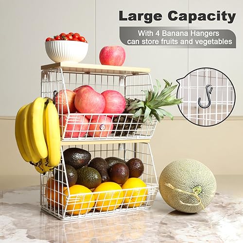 Miniatura 3 de Cesta de frutas, frutero de 2 niveles para encimera de cocina, almacenamiento de frutas apilable montado en la pared, organizador de aperitivos,