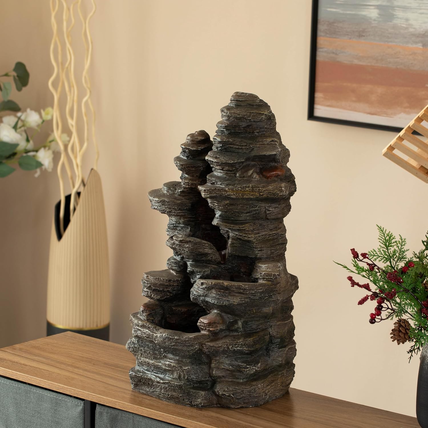 Cascading Electric Powered 4-Tier Rock Water Fountain with LED Lights 24" for Indoor and Outdoor Use