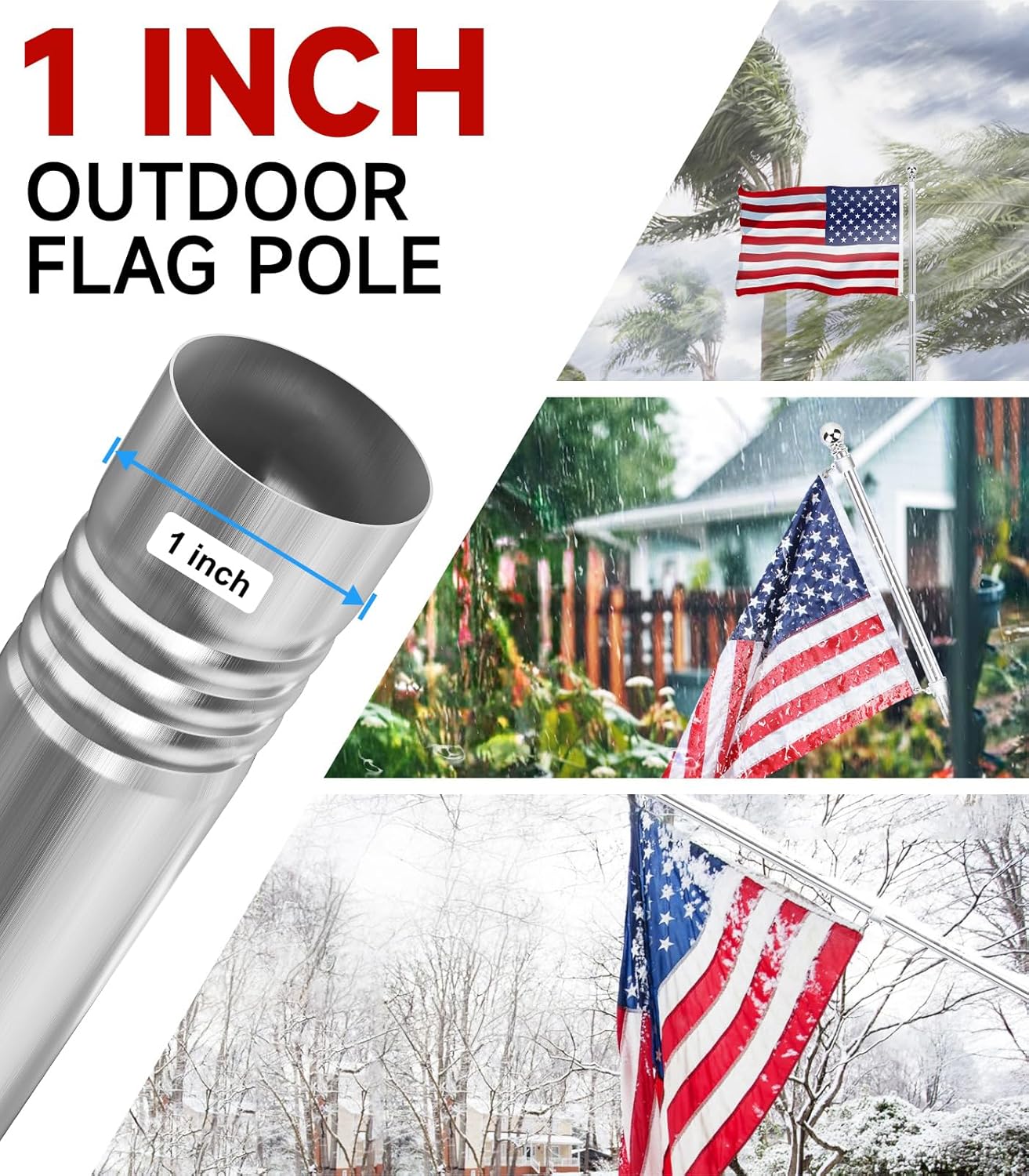 304 Stainless Steel Flag Poles,6 FT Flag Pole for Outside House, 1 Inch Outdoor Flag Pole with Swivels Rings, House Flag Pole for 3x5 Flag, Heavy Duty Flag Pole for Porch(Without Bracket)