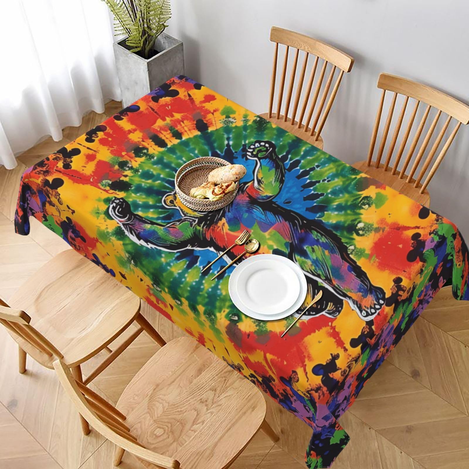 WPKJU Bear Dancing Tie Dye Printed Tablecloth 60x90 in Water Resistant Table Cover Washable Rectangle Table Cloth for Dining Tables