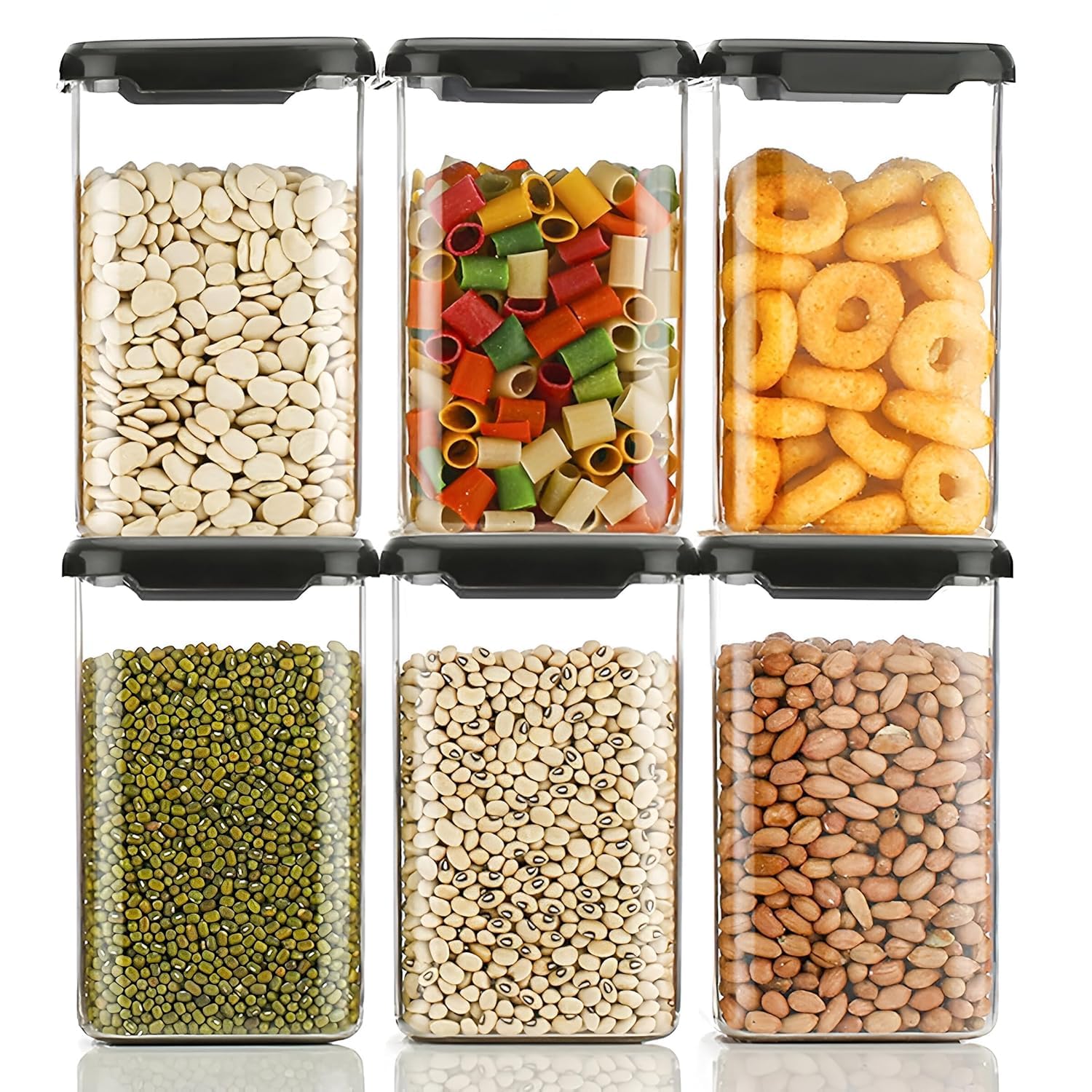 SMARTY SHOPPERS Airtight Kitchen Storage Containers (Set of 6, 1100ML) | BPA-Free Food Jars for Cereals, Pulses, Snacks | Clear Plastic Containers for Fridge & Pantry Organizing