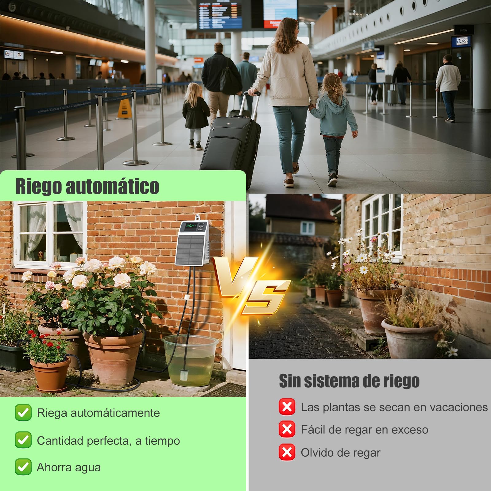 Uzoli SOP17 Sistema de riego solar para jardín con batería de 2200 mAh | Riego por goteo con tubo de 10 m, Riego automático para balcón, bancal elevado, invernadero y plantas en maceta, IPX5