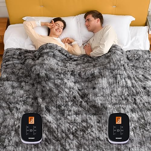 WOOMER Heated Blanket King Size 100" x 90", Electric Blanket with Dual Controllers, 0.5-12 Hours Timer & 10 Heating Levels, ETL Certified, Marble Gray Double-Sided Faux Fur, Machine Washable