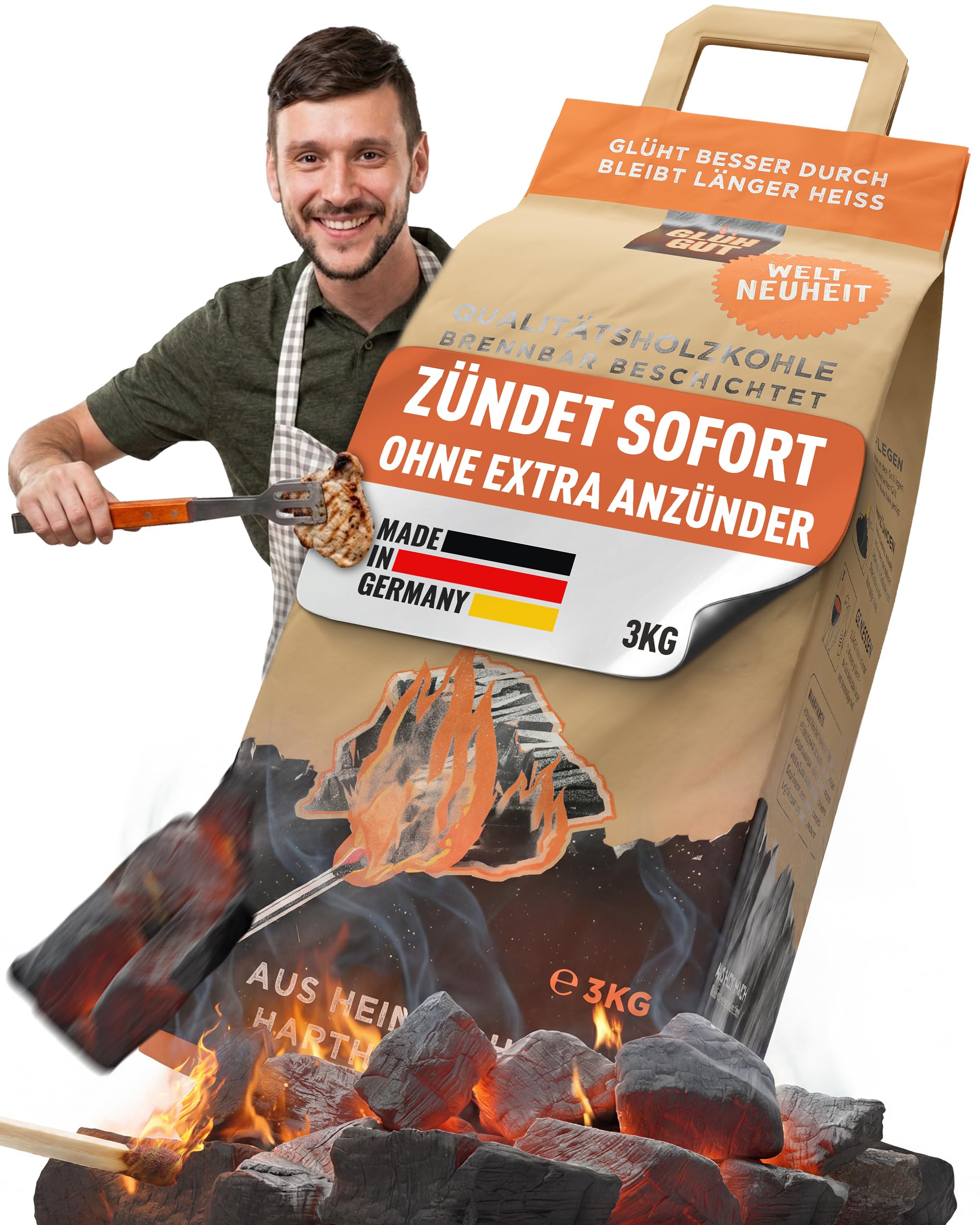 GLÜHGUT BBQ Holzkohle mit Anzünder beschichtet, 1 Sack 3kg