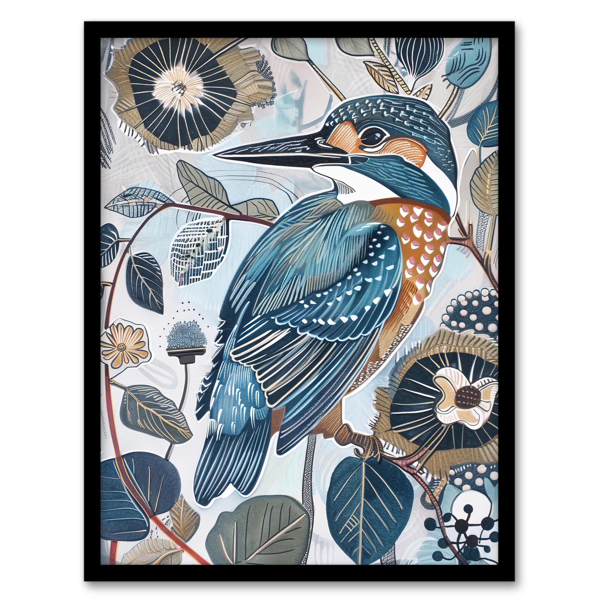 Artery8 Kingfisher Bird Wildflowers Artwork Blue Floral Living Room Artwork Framed Wall Art Print A4
