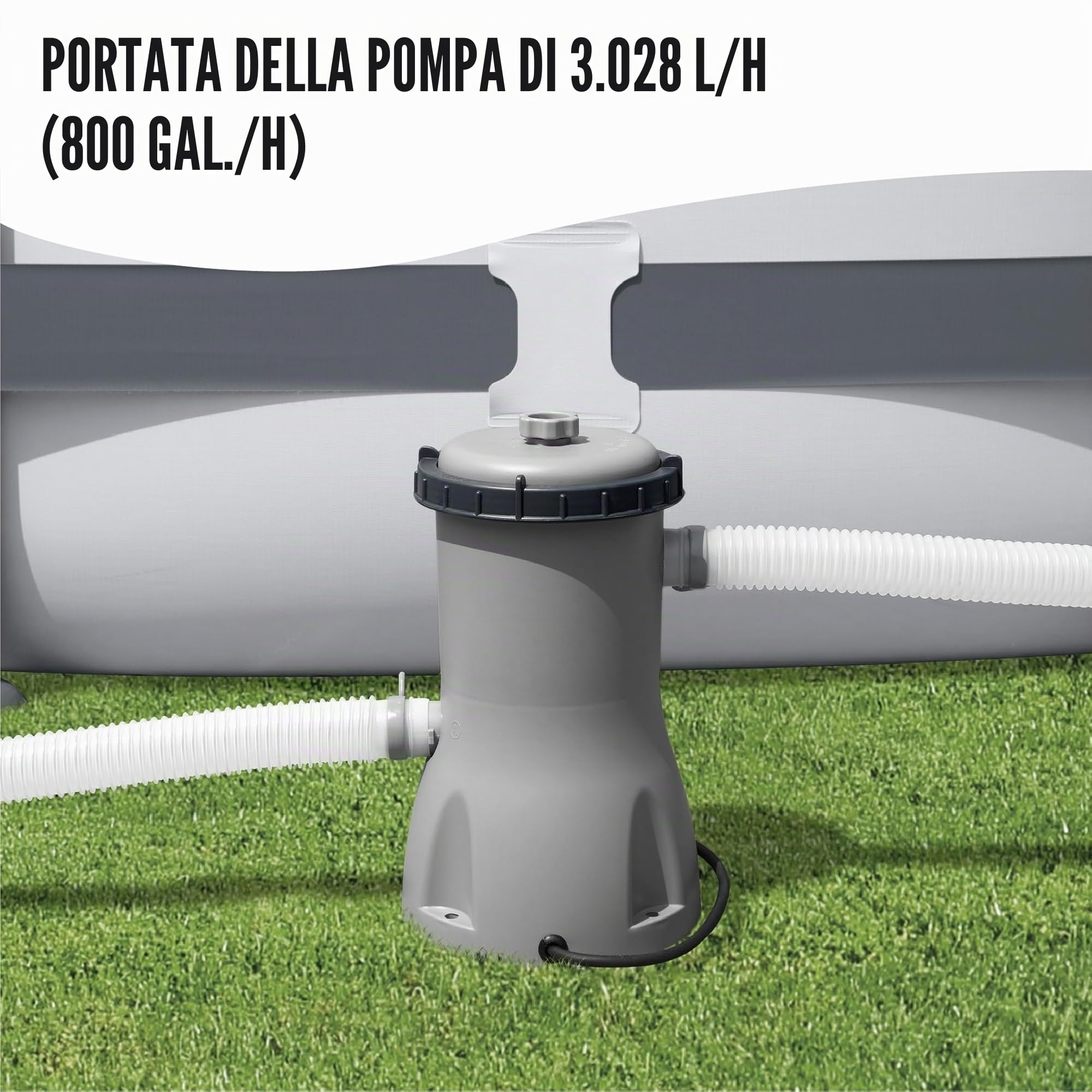 Bestway Pompa filtrante Flowclear da 800 litri, detergente per piscina fuori terra per piscine da 1.100 l-17.400 l, include cartuccia sostituibile, portata del sistema 580 gal/h, grigio