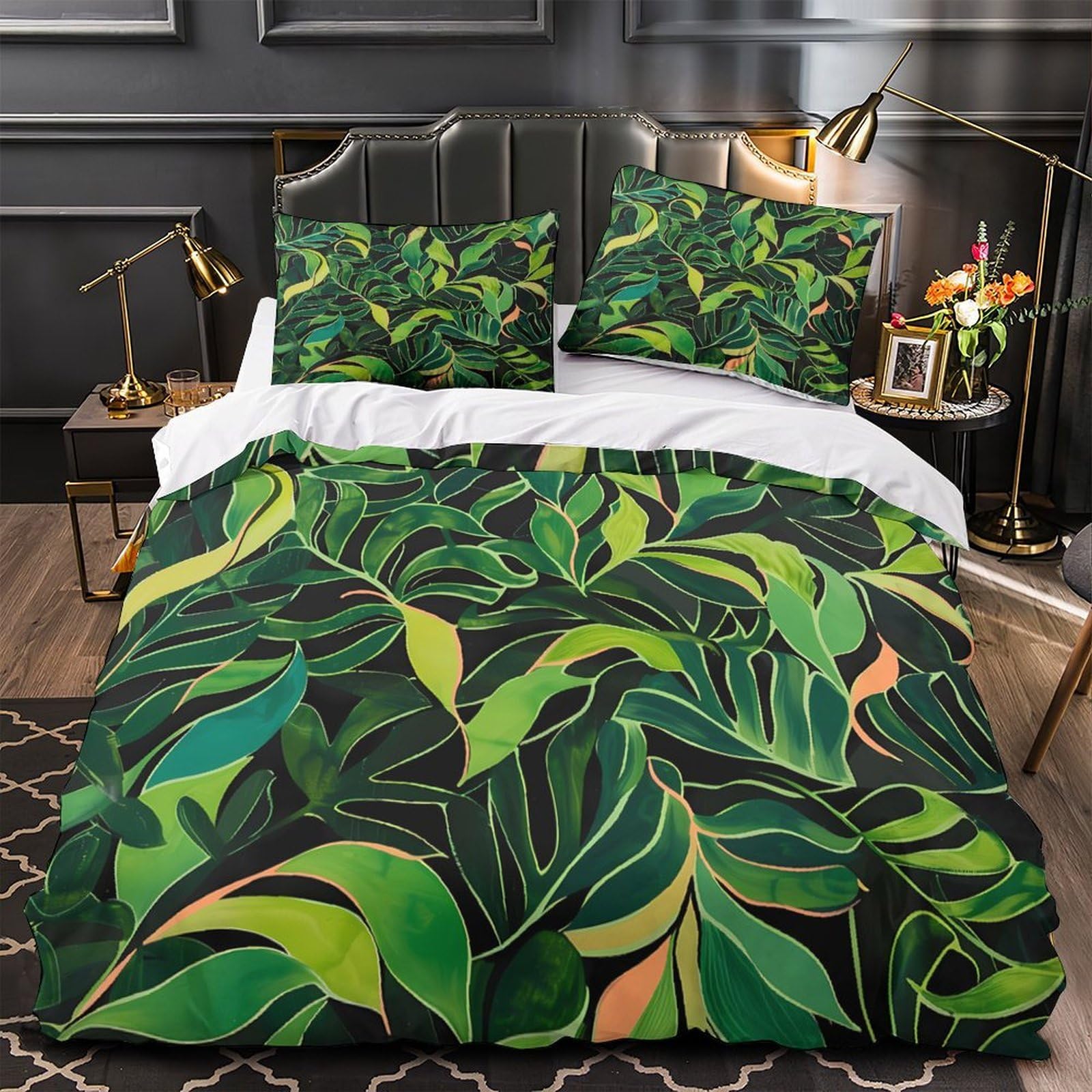 Parure de lit feuilles tropicales légère microfibre pour literie sensible King 220x240