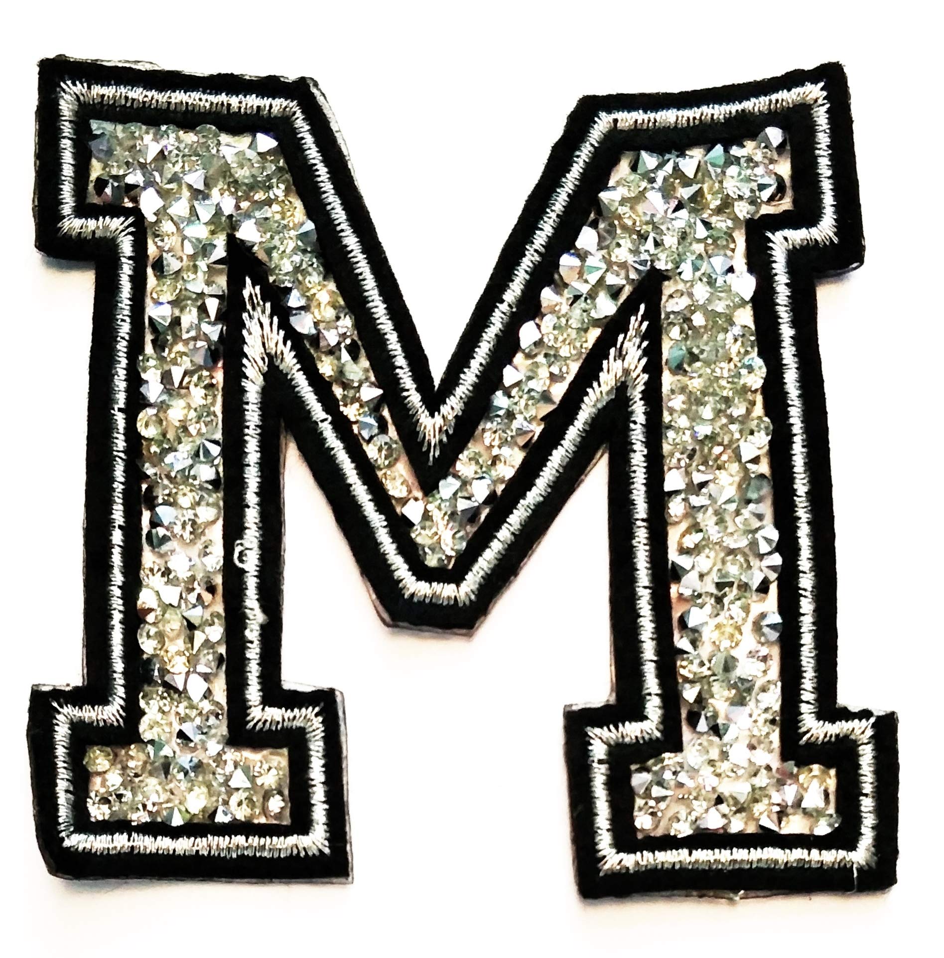 Letter M Patch Black Silver Diamond Crystal Jewelry Patch Fabric Letter A-Z Embroidered Patch Sewing DIY Craft Badge Cloth Jackets Shirts (Silver Crystal Letter M)