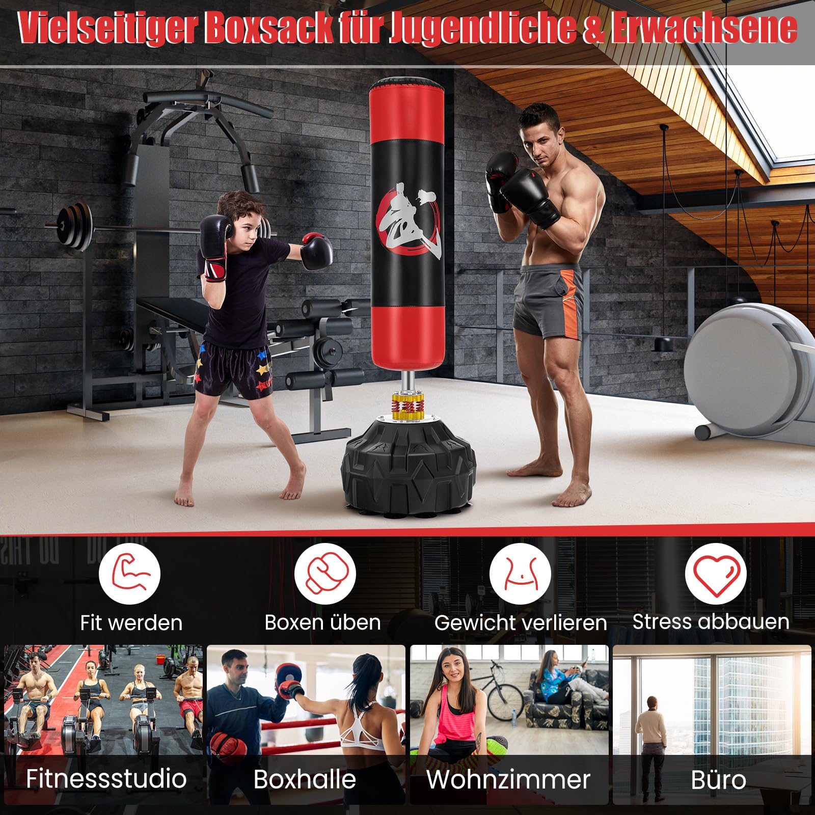 GYMAX Boxsack Set stehend, Standboxsack mit 12 Saugfußbasis & Stoßdämpfer, Boxsack Erwachsene, MMA Boxpartner Boxing Trainer Heavy Boxsack mit Saugfuß