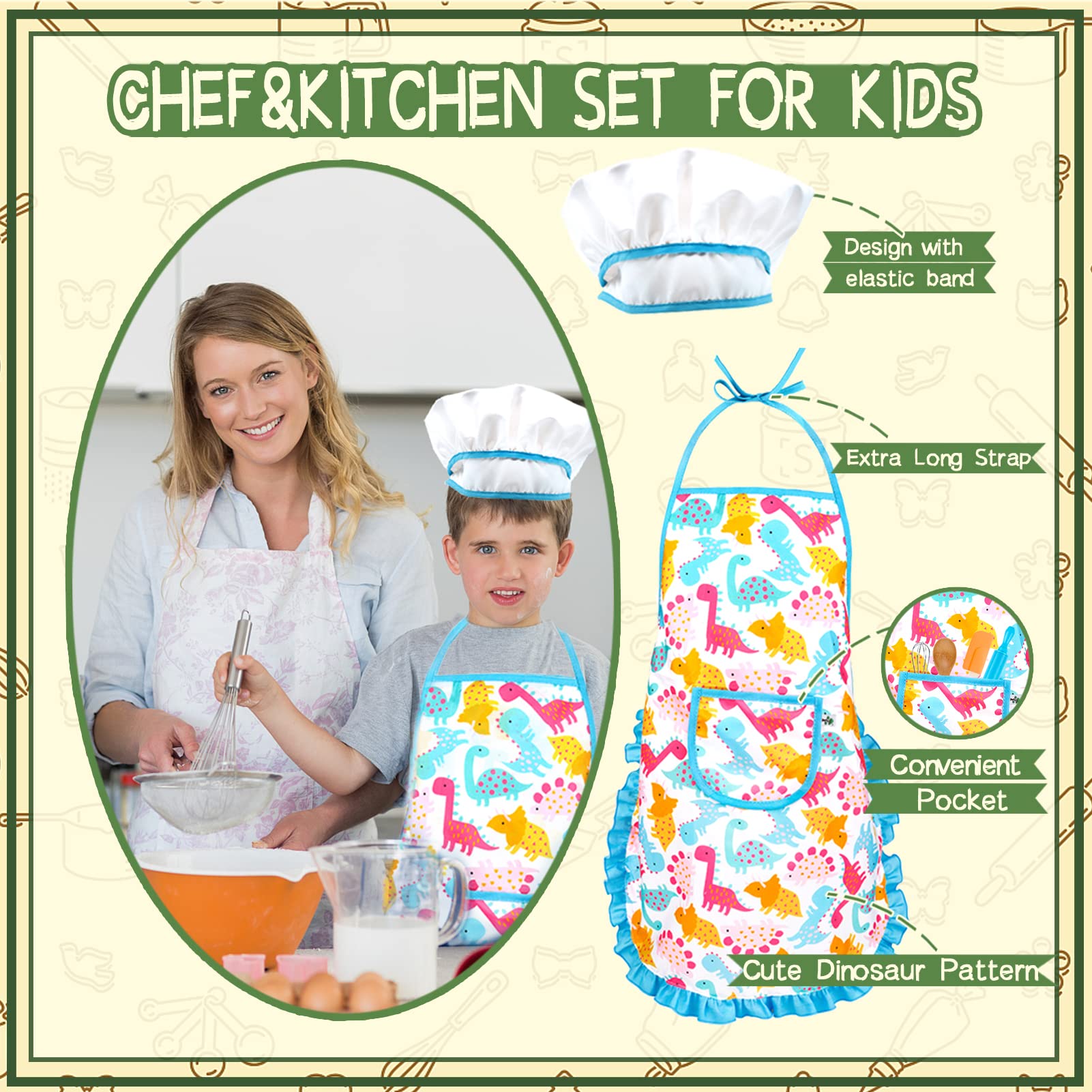 KAEGREEL Kids Baking Chef Set including Dinosaur Apron, 26pcs Kitchen Toys Kid Cooking Set including Chef Hat Spoons Whisk - Image 4