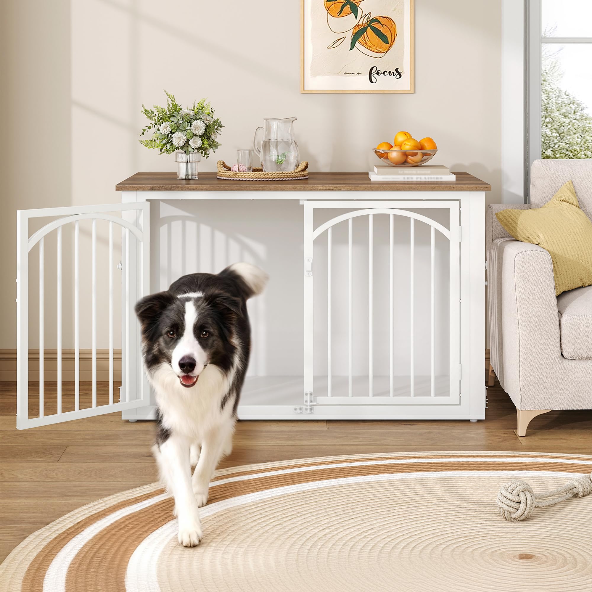 Cage pour Chien, 100cm Meuble Cage Chien et 4 Portes, Cages Bois pour Chiens, Table d'appoint, pour Chiens de Taille Moyenne à Grande, Niche D'intérieur, 100 x 60 x 63 cm, Marron et Blanc
