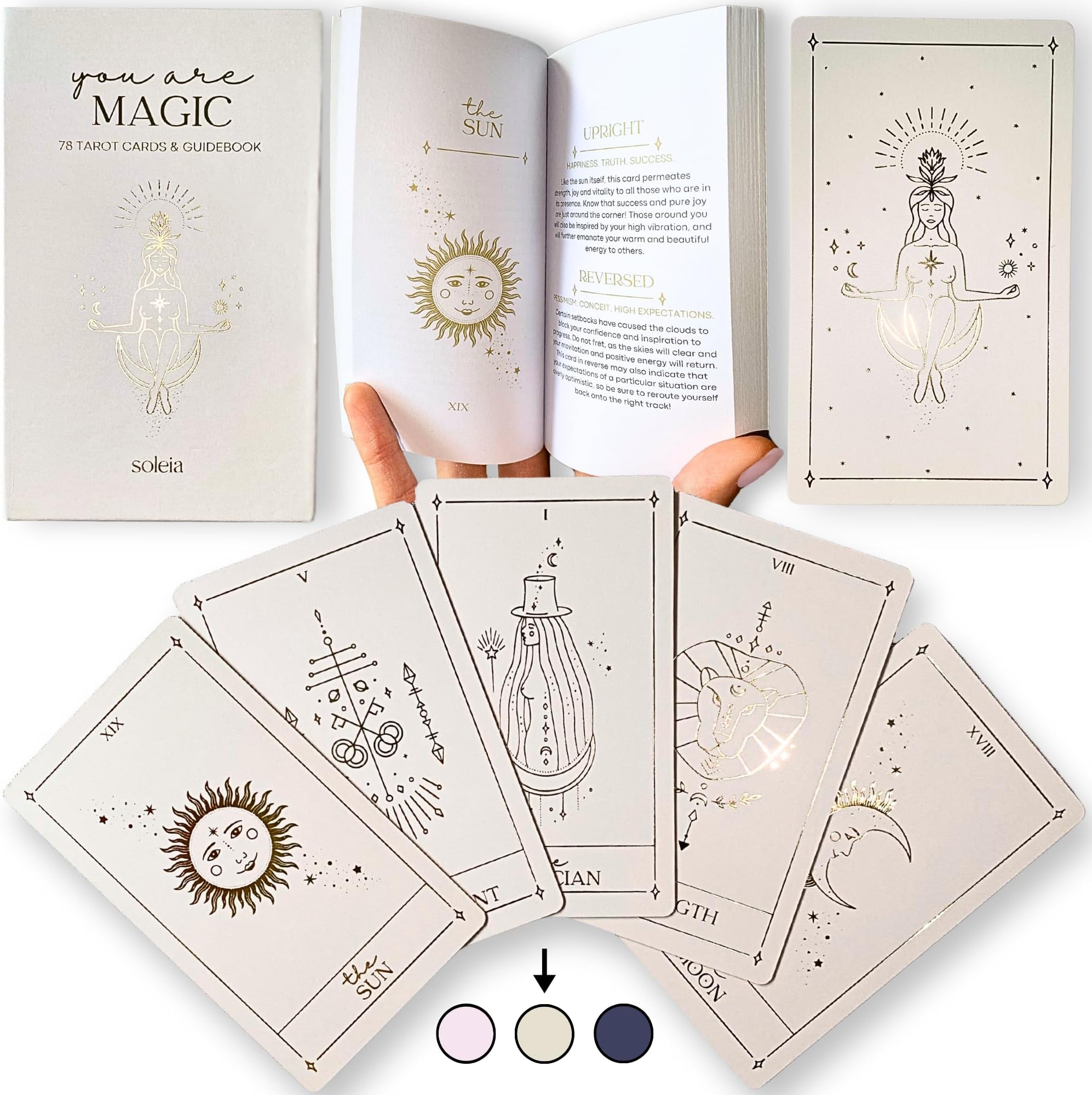 Soleia Original Tarot Cards Deck with Guide Book & Box | 78 Gold Foil Tarot Cards for Beginners & Experts | Modern Rider Waite Tarot Deck | Tarot Gifts for Adults | Beige Tarot Cards
