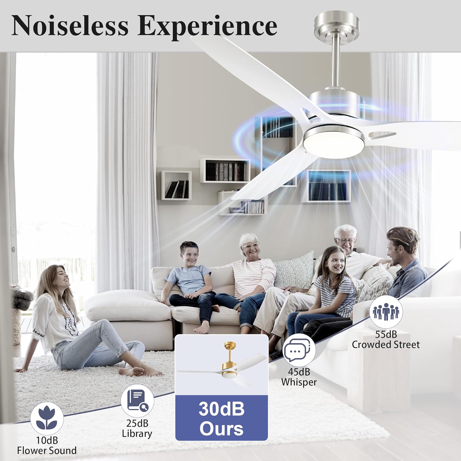 DIAMONDFORGE 52 Inch Ceiling Fans with Lights and Remote Control - Outdoor Indoor Flush Mount Low Profile Silver White Ceiling Fans for Living Room,Bedroom,Patio