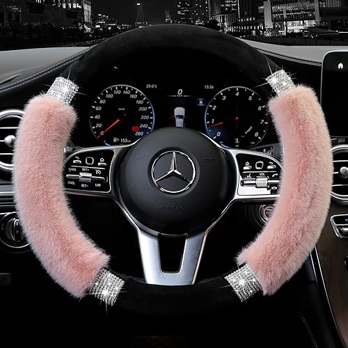 Miniatura 2 de Achiou - Funda de volante esponjosa con diamantes de imitación, cómoda lana sintética de lujo antideslizante, ajuste universal para volantes de 14.5