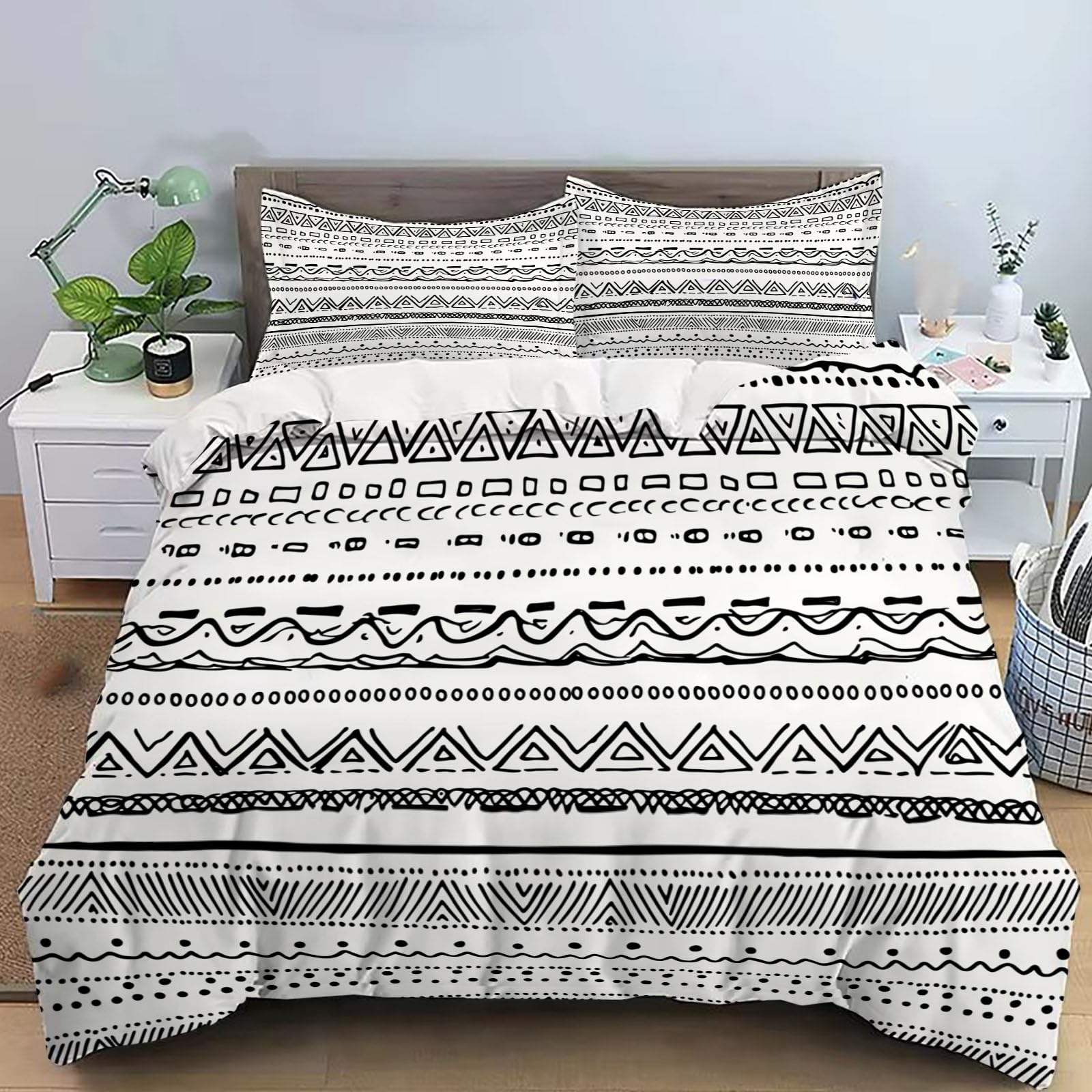 Housse de Couette Anti-Taches Graphique 140x200cm Lit Enfant Motif Triangle Facile à Laver