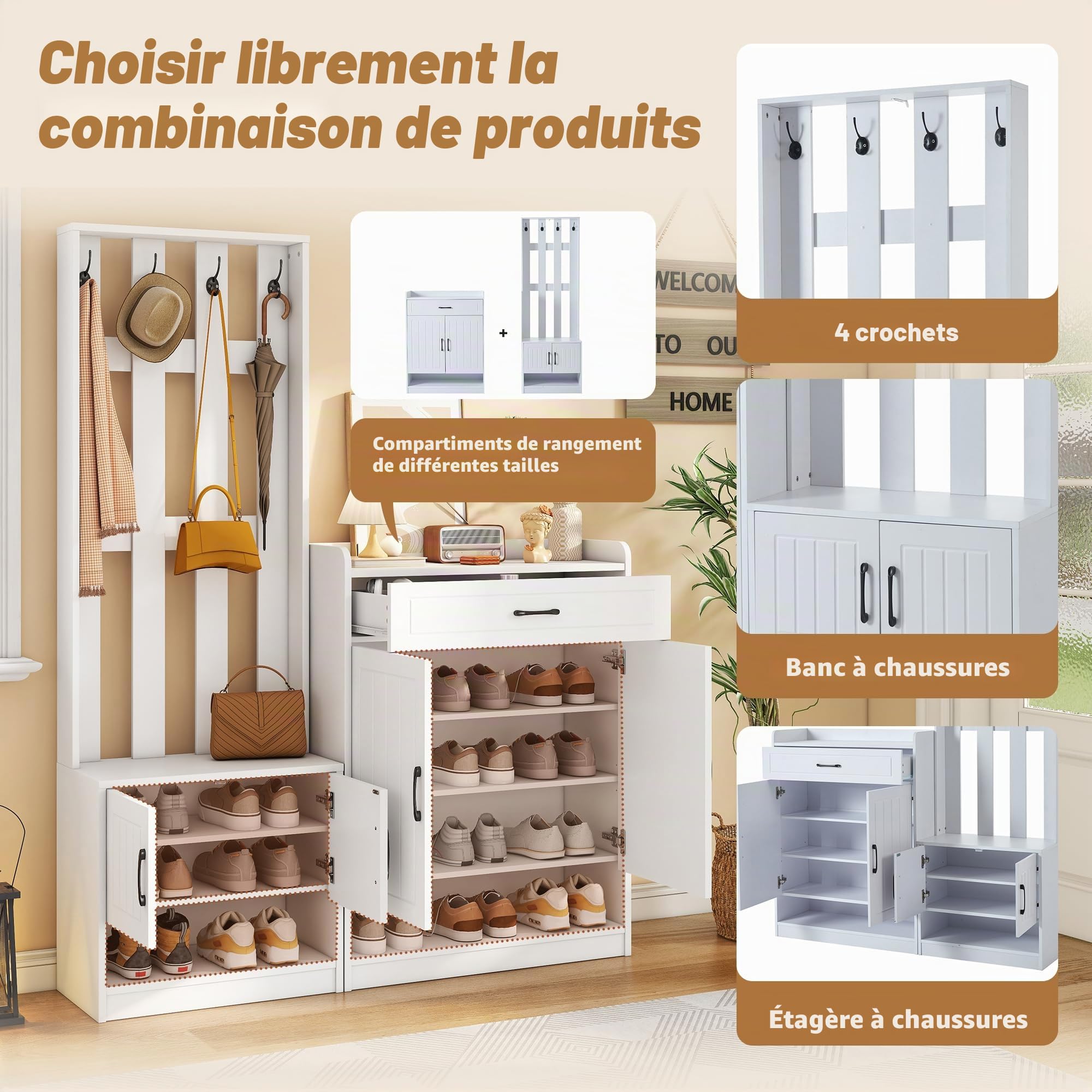 Meuble D'Entrée Blanc 3-en-1, Meuble D'entrée Vestiaire avec Panneau Murale, Armoire À Chaussures et Banc, pour Entrée, Couloir, 140.6x32x180 cm