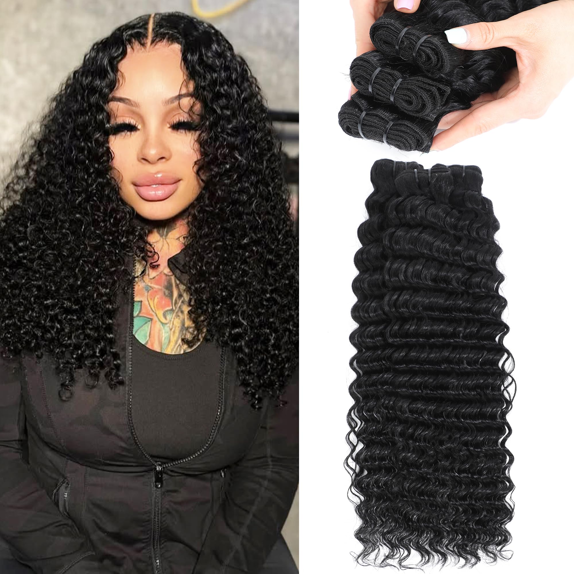 Roserer 12A Human Hair Bundles Deep Wave Bundles Human Hair 12 14 16 Inch 100% Brazilian Virgin 3 Curly Weave Bundles Human Hair 295-300g Natural Color
